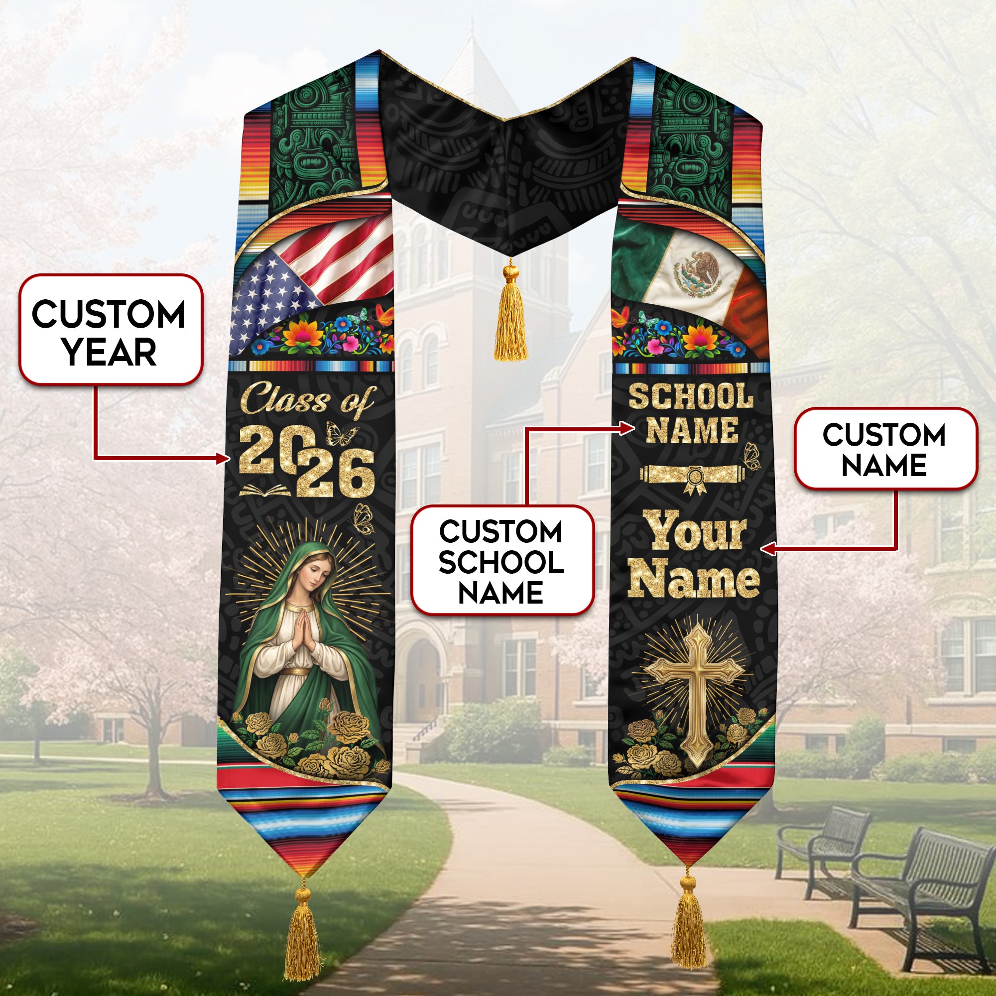 Custom Mexican American Graduation Stole Class of 2026 Our Lady of Guadalupe Mexico Tassel Sash