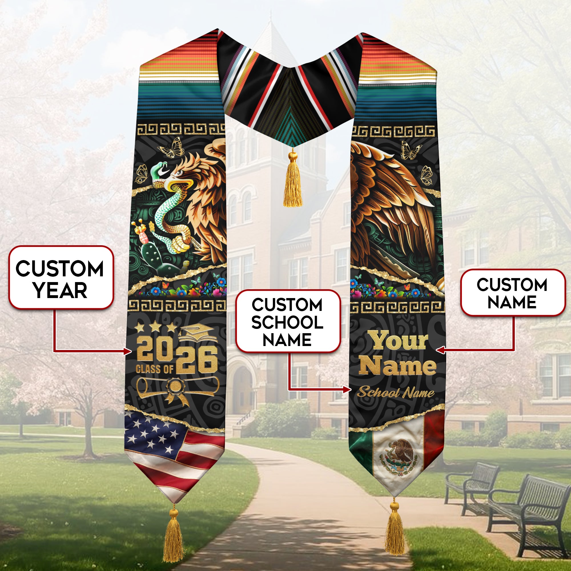 Custom Aztec Eagle Mexico Graduation Stole Tassel Class of 2026 Mexican American Sash