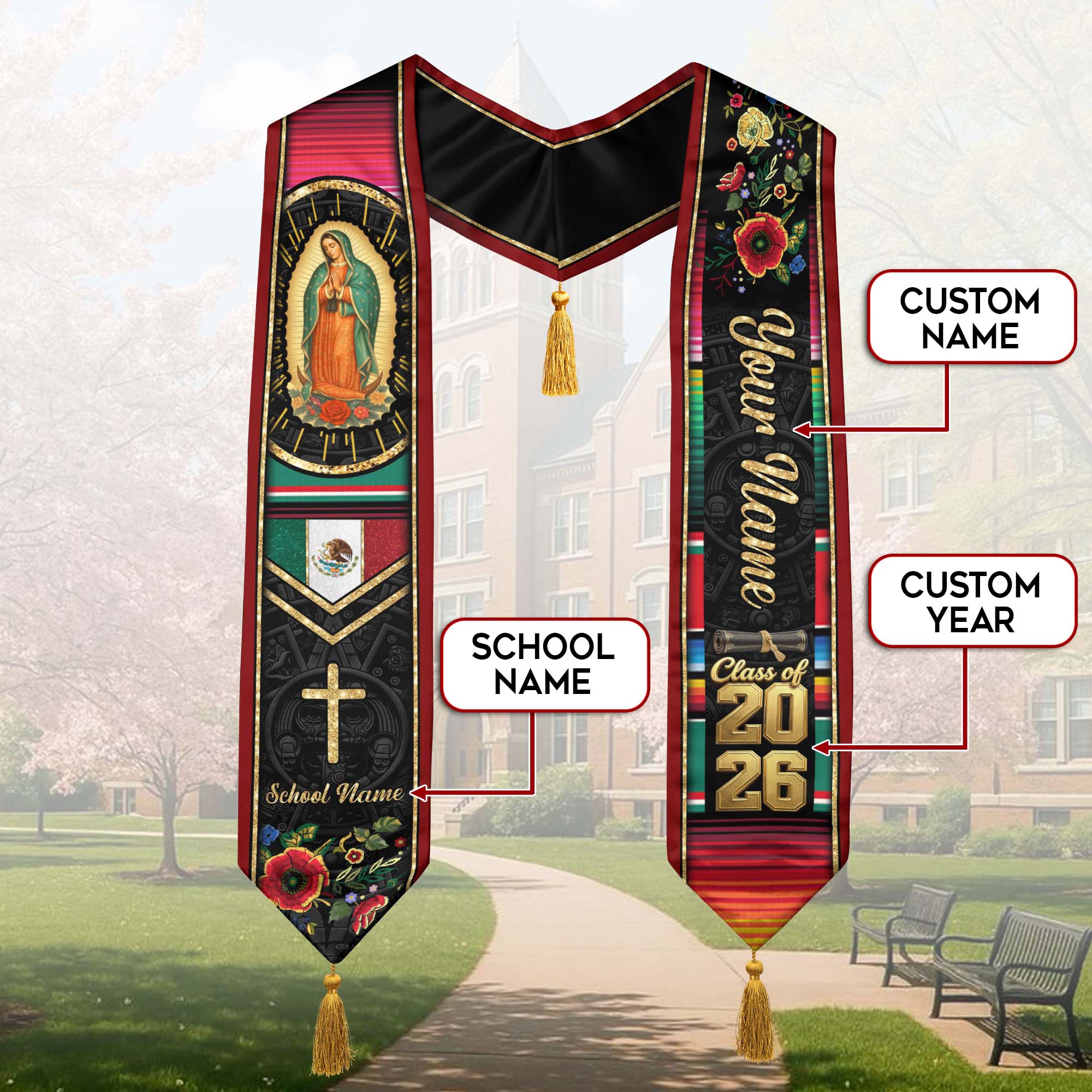 Custom Our Lady of Guadalupe Graduation Stole Tassel Class of 2026 Mexico Burgundy Sash