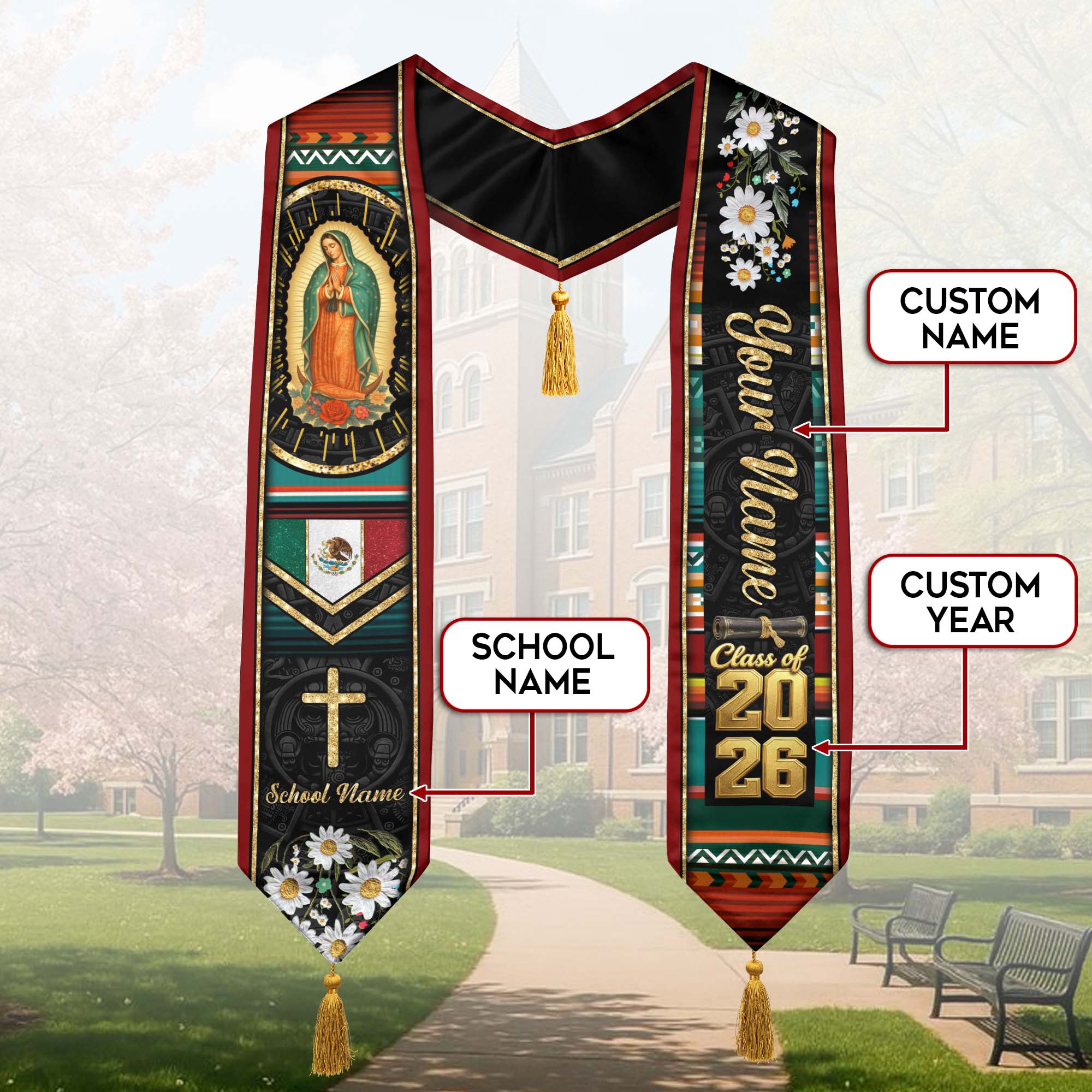Custom White Floral Mexico Graduation Stole Tassel Class of 2026 Virgin Mary Sash Gift