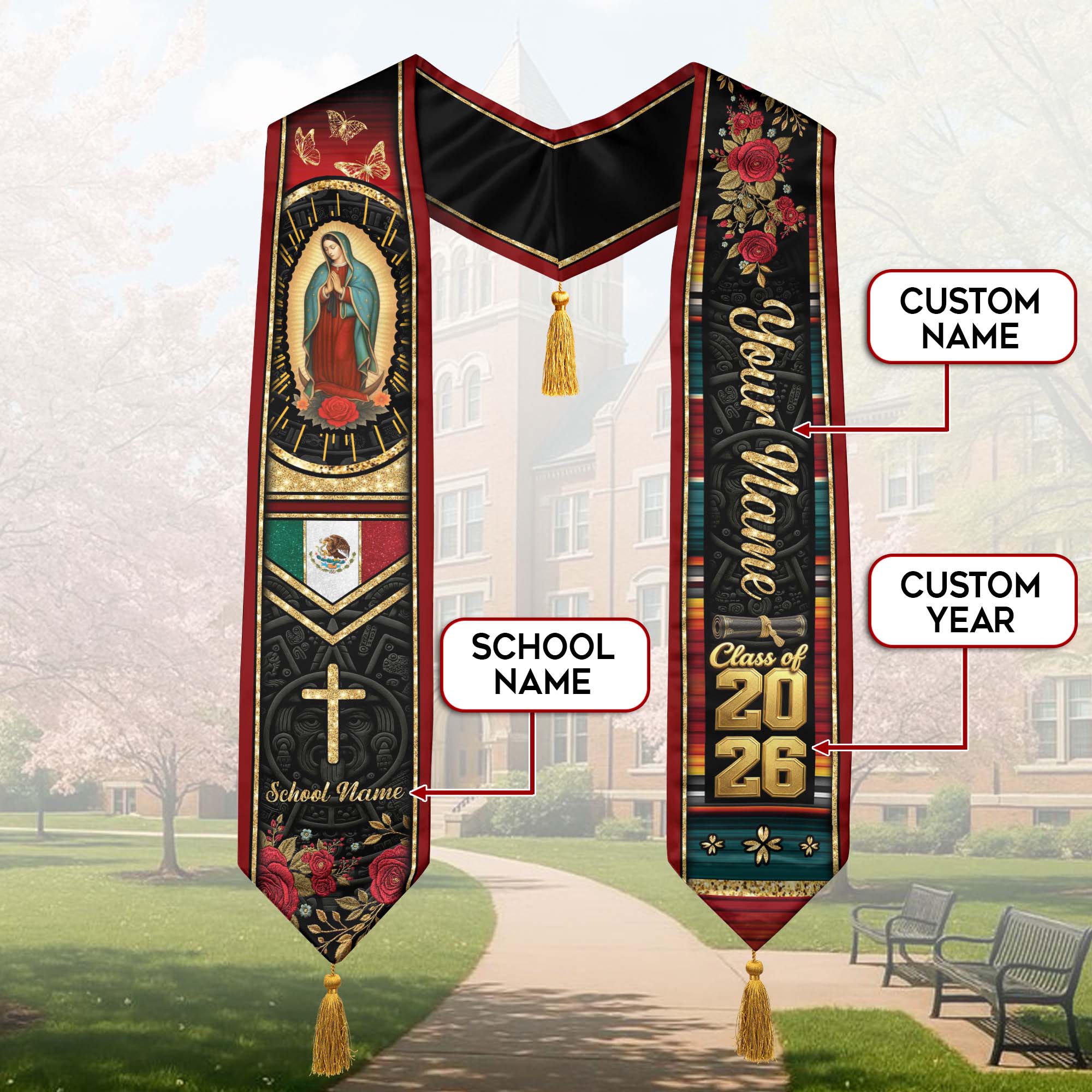 Custom Red Rose Mexico Graduation Stole Tassel Class of 2026 Butterfly Virgin Mary Sash