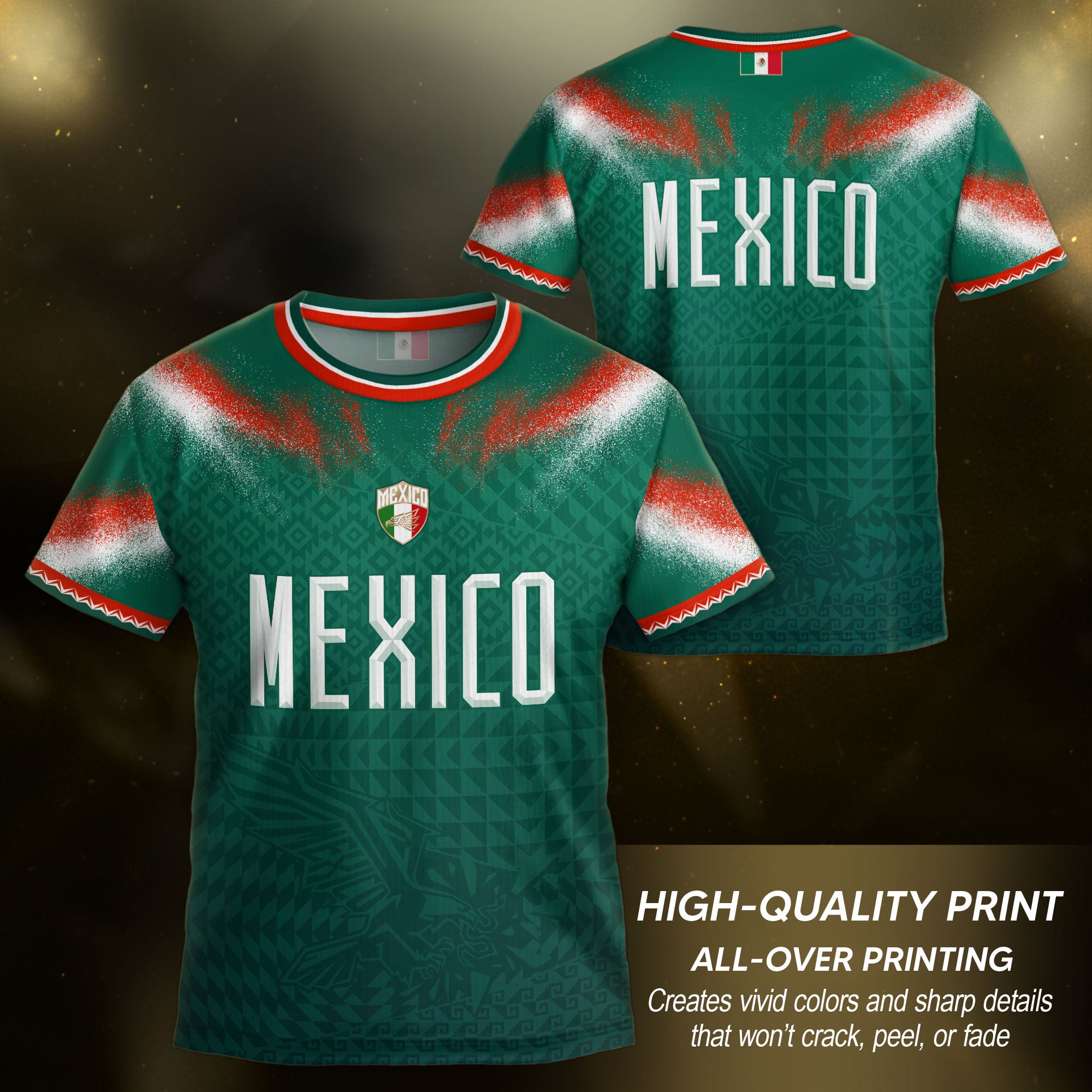 Mexico Soccer Jersey Kids Aztec Pattern Tricolor Green Youth Football Shirt Fan Tee