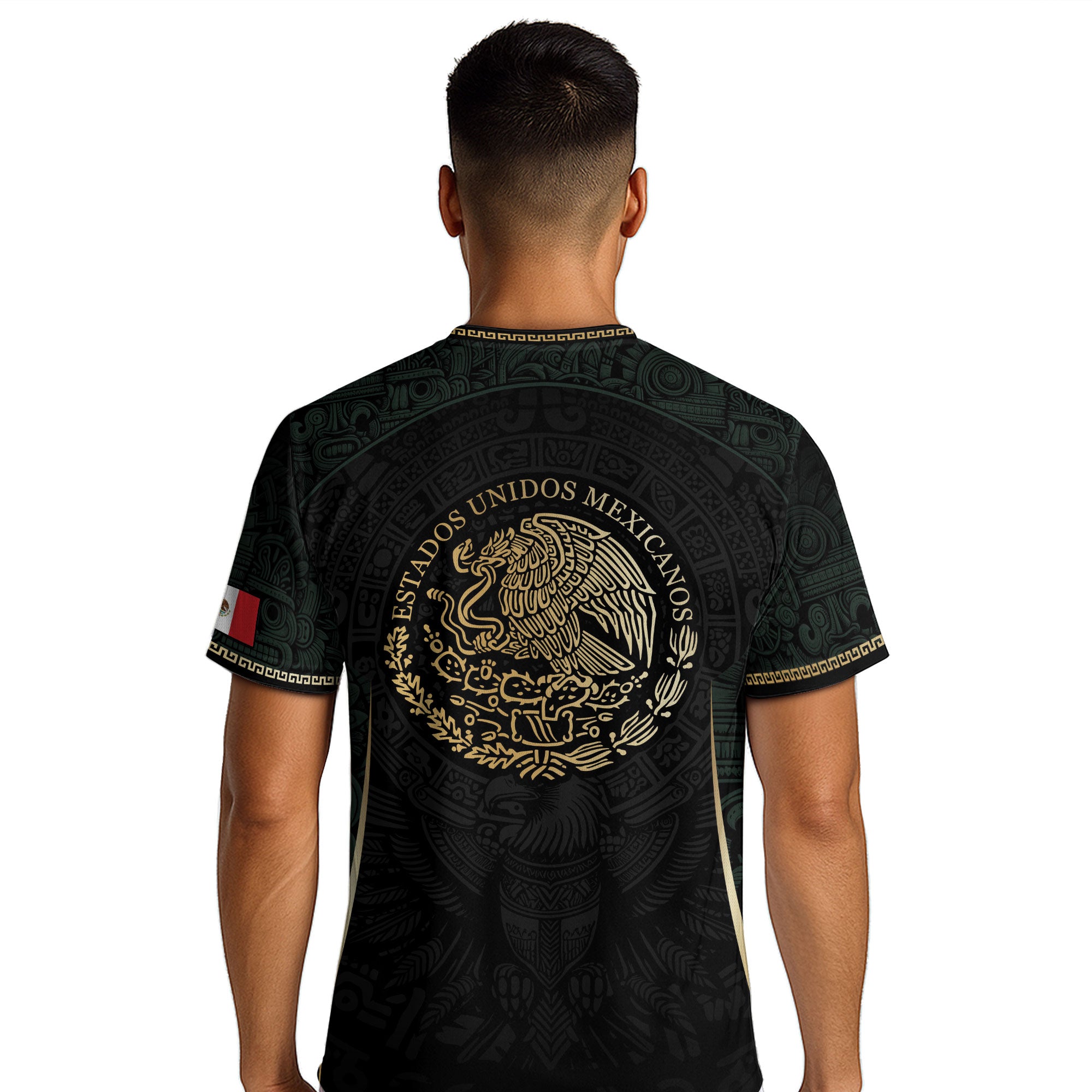 Camiseta de fútbol premium con emblema de águila azteca verde y dorado de México
