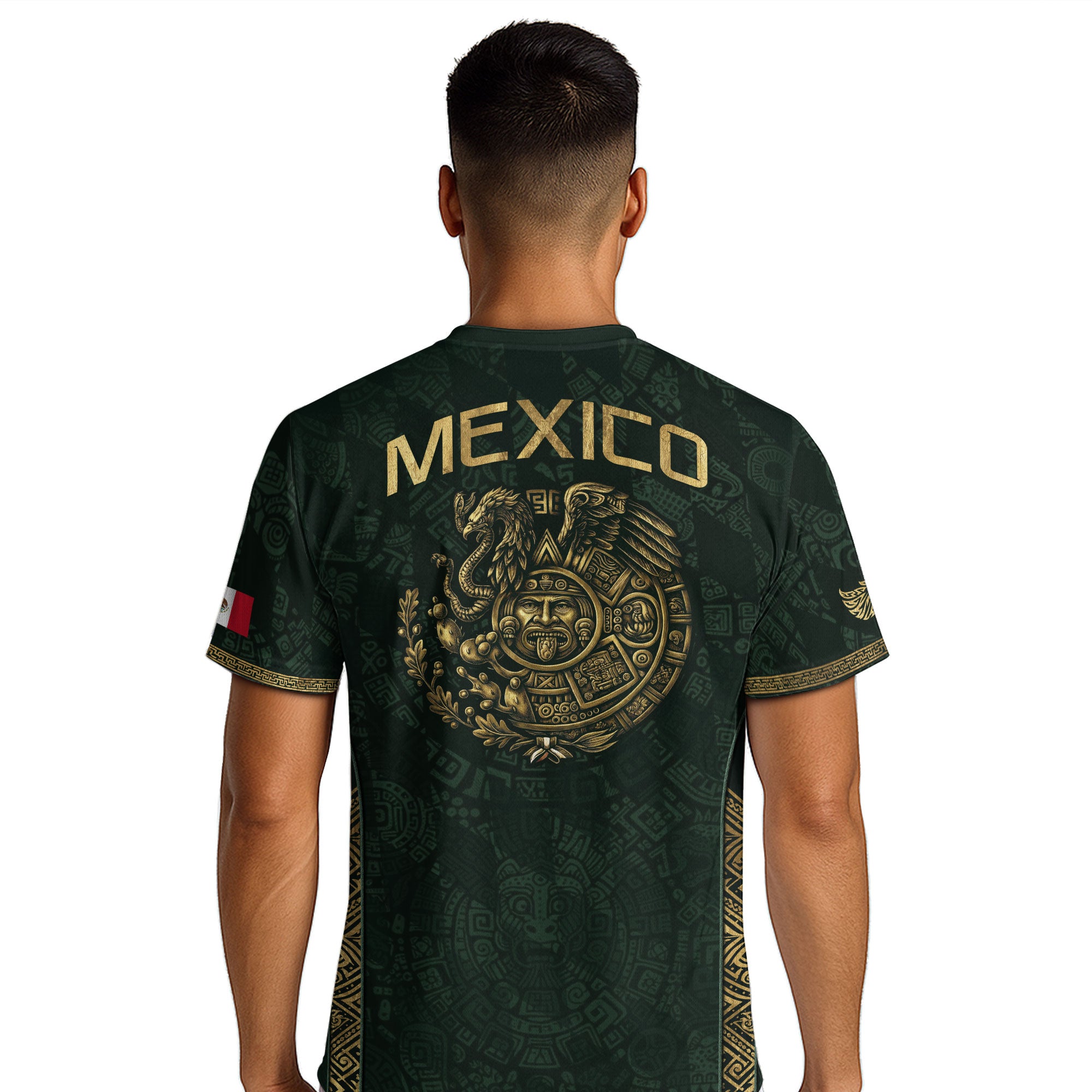Camiseta de fútbol premium con emblema de águila azteca verde y dorado de México