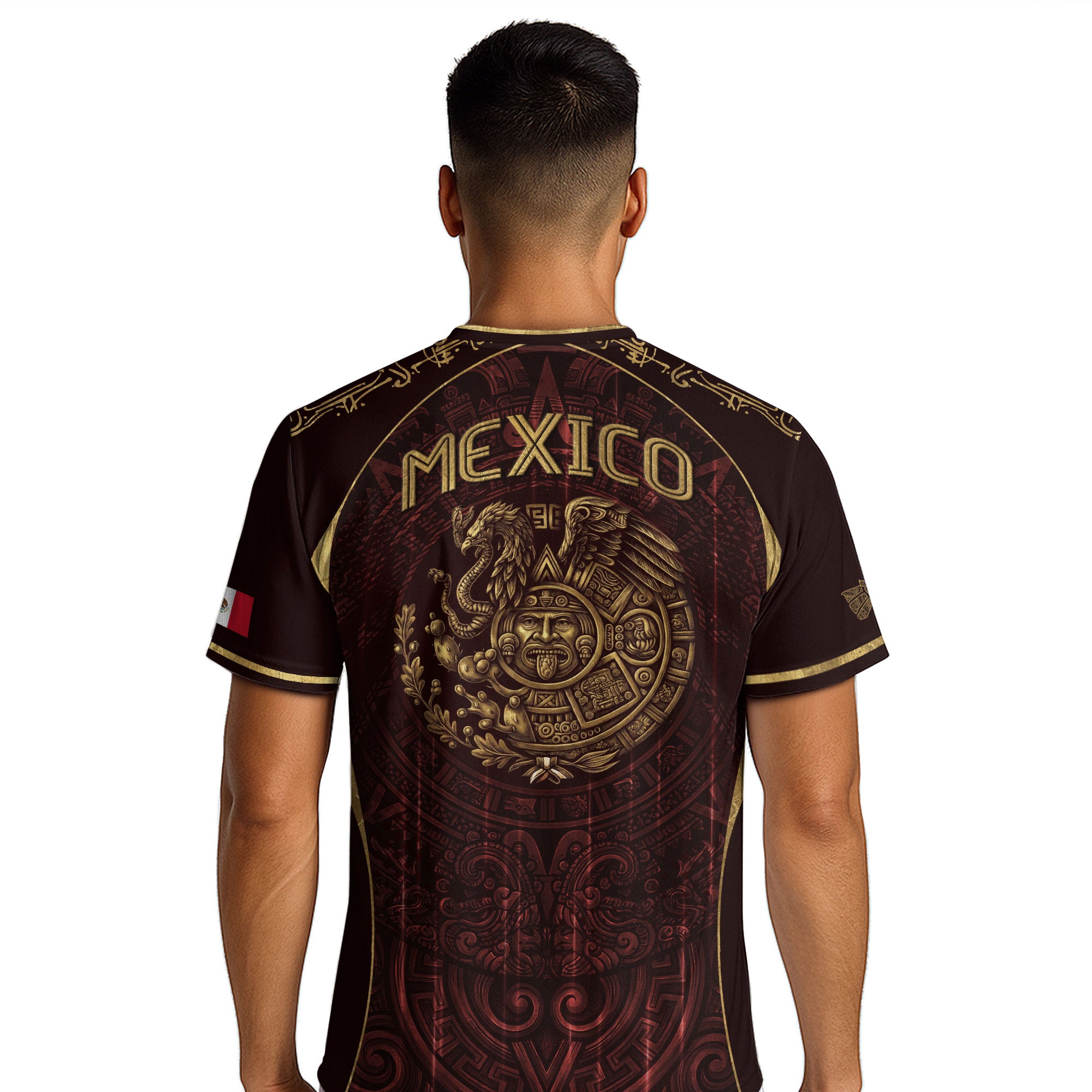 Camiseta de fútbol premium con emblema de águila azteca verde y dorado de México