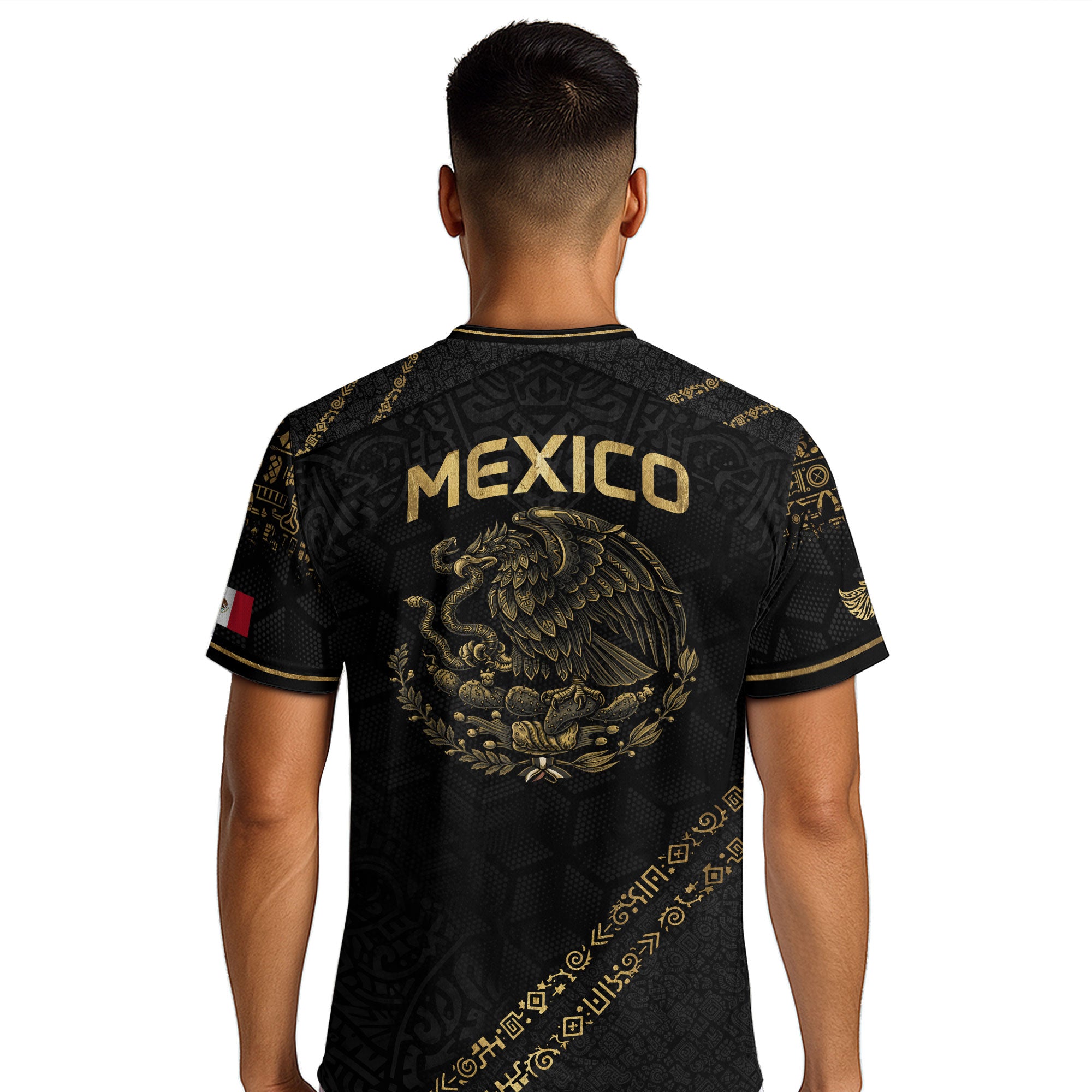 Camiseta de fútbol premium con emblema de águila azteca verde y dorado de México