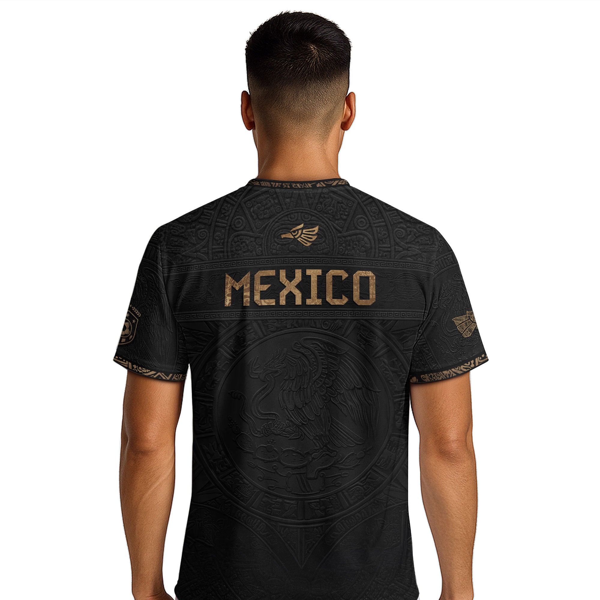 Camiseta de fútbol premium con emblema de águila azteca verde y dorado de México