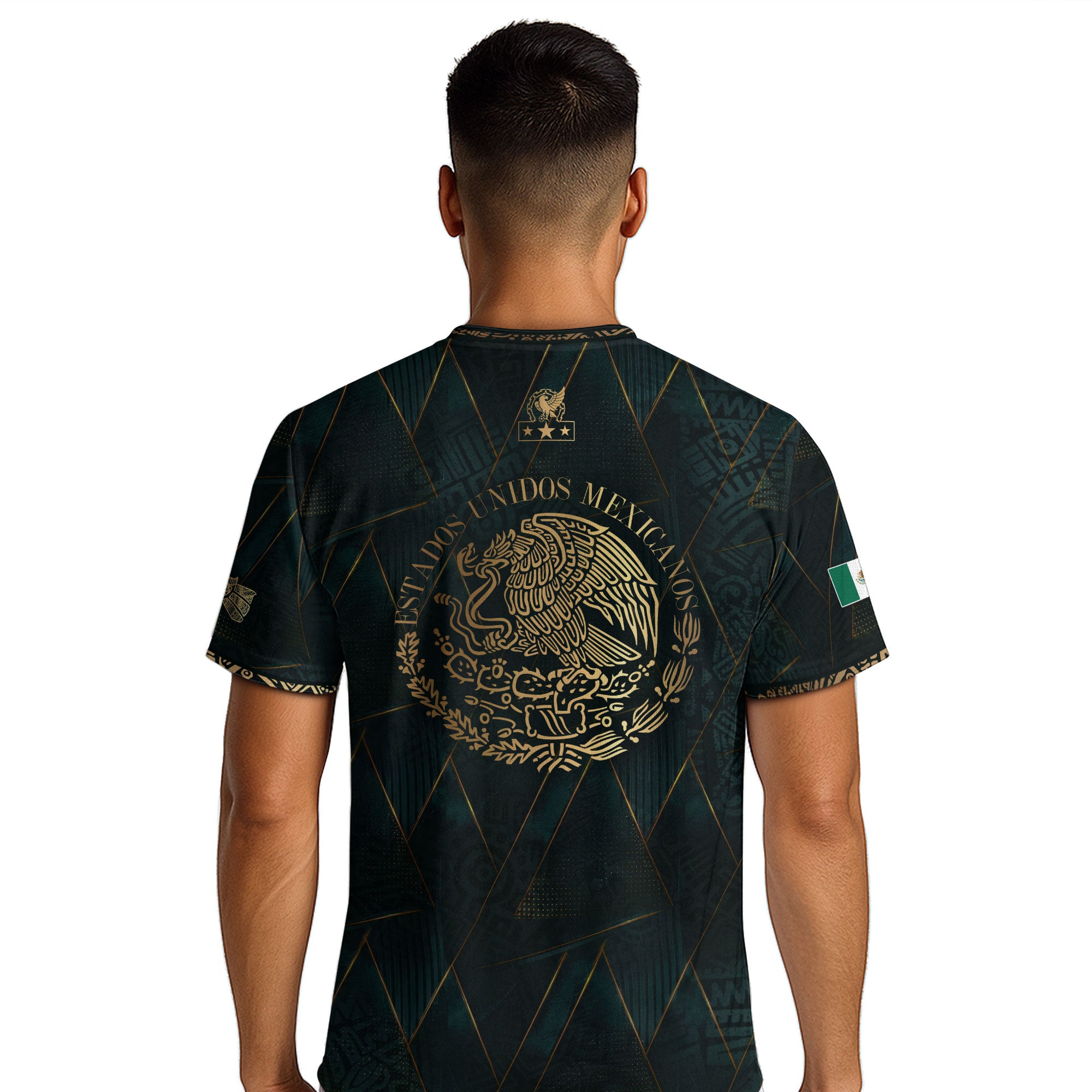 Camiseta de fútbol premium con emblema de águila azteca verde y dorado de México