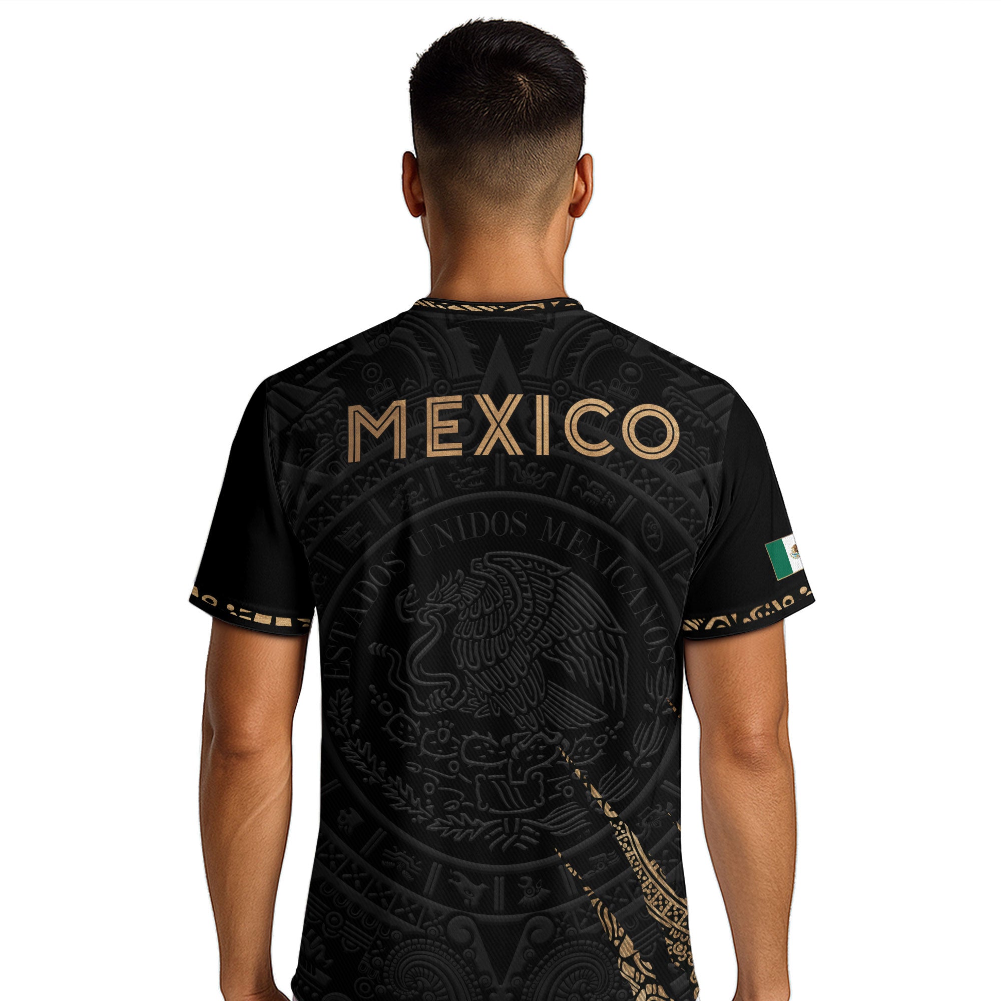 Camiseta de fútbol premium con emblema de águila azteca verde y dorado de México
