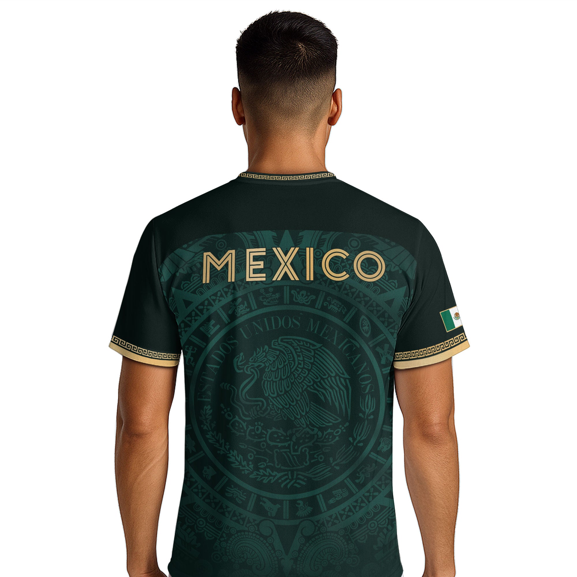 Camiseta de fútbol premium con emblema de águila azteca verde y dorado de México