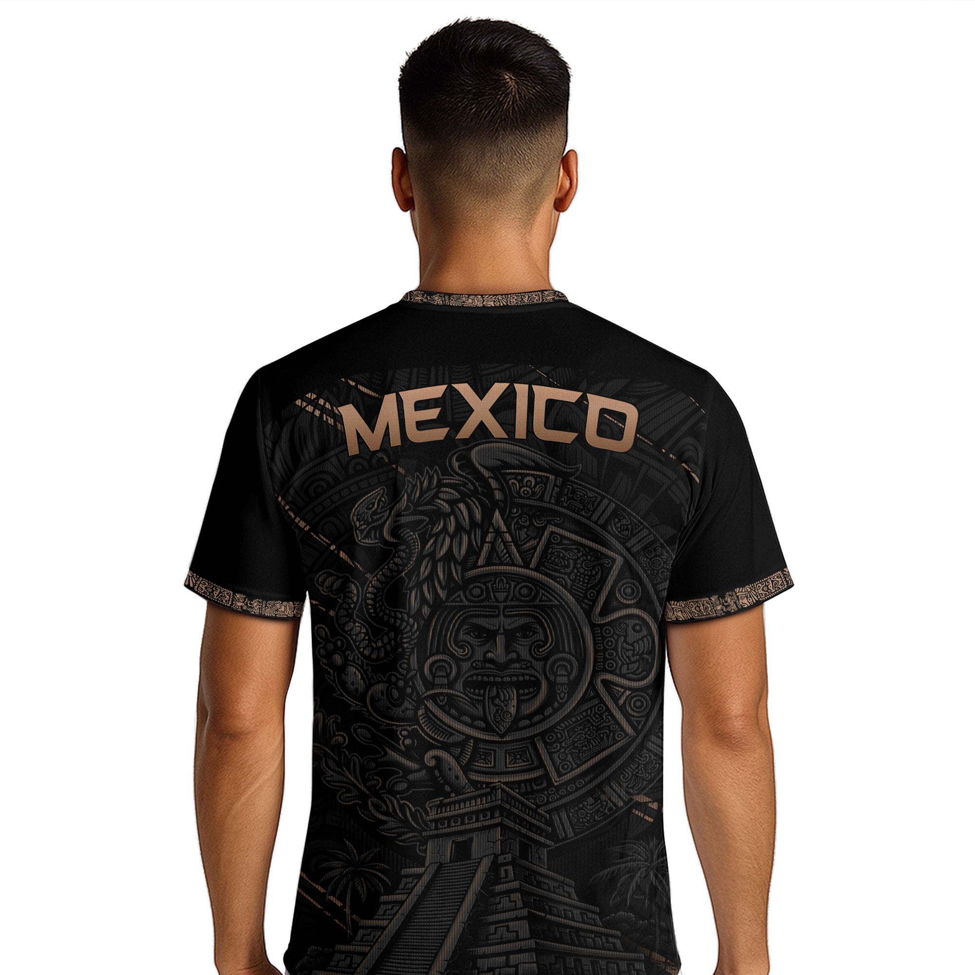 Camiseta de fútbol premium con emblema de águila azteca verde y dorado de México