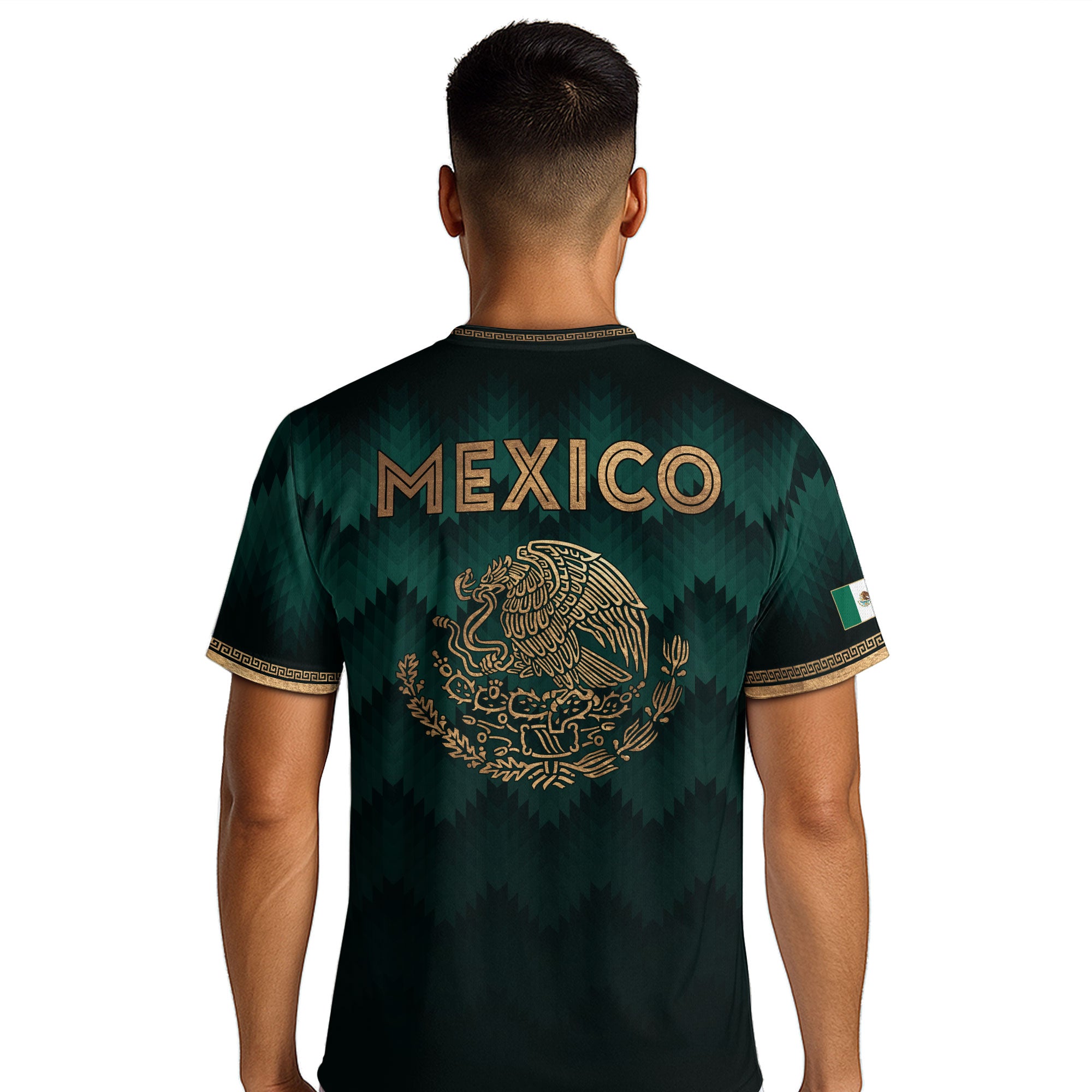 Mexico Coat of Arms Green Gold Aztec Ziczac Pattern Wing Graphic Heritage Soccer Jersey