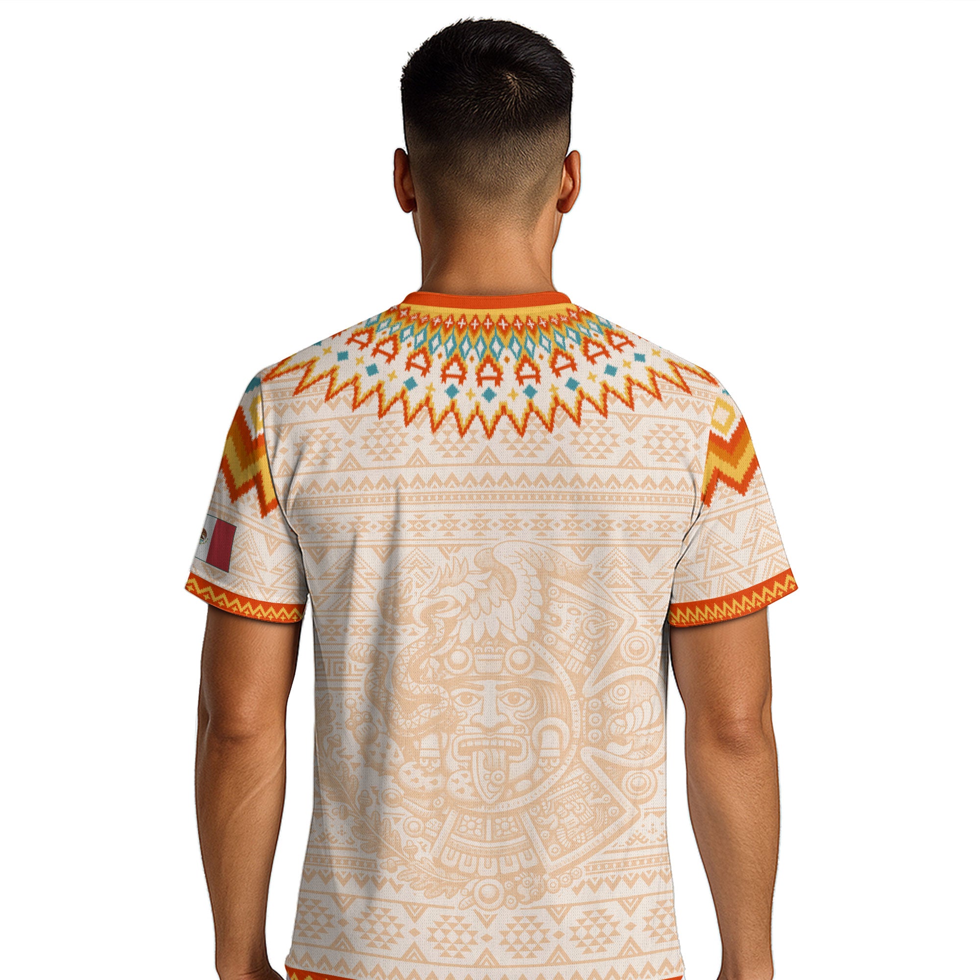 Mexico Cream Orange Heritage Soccer Jersey, Aztec Pattern Mexican Roots Design Jersey For Men