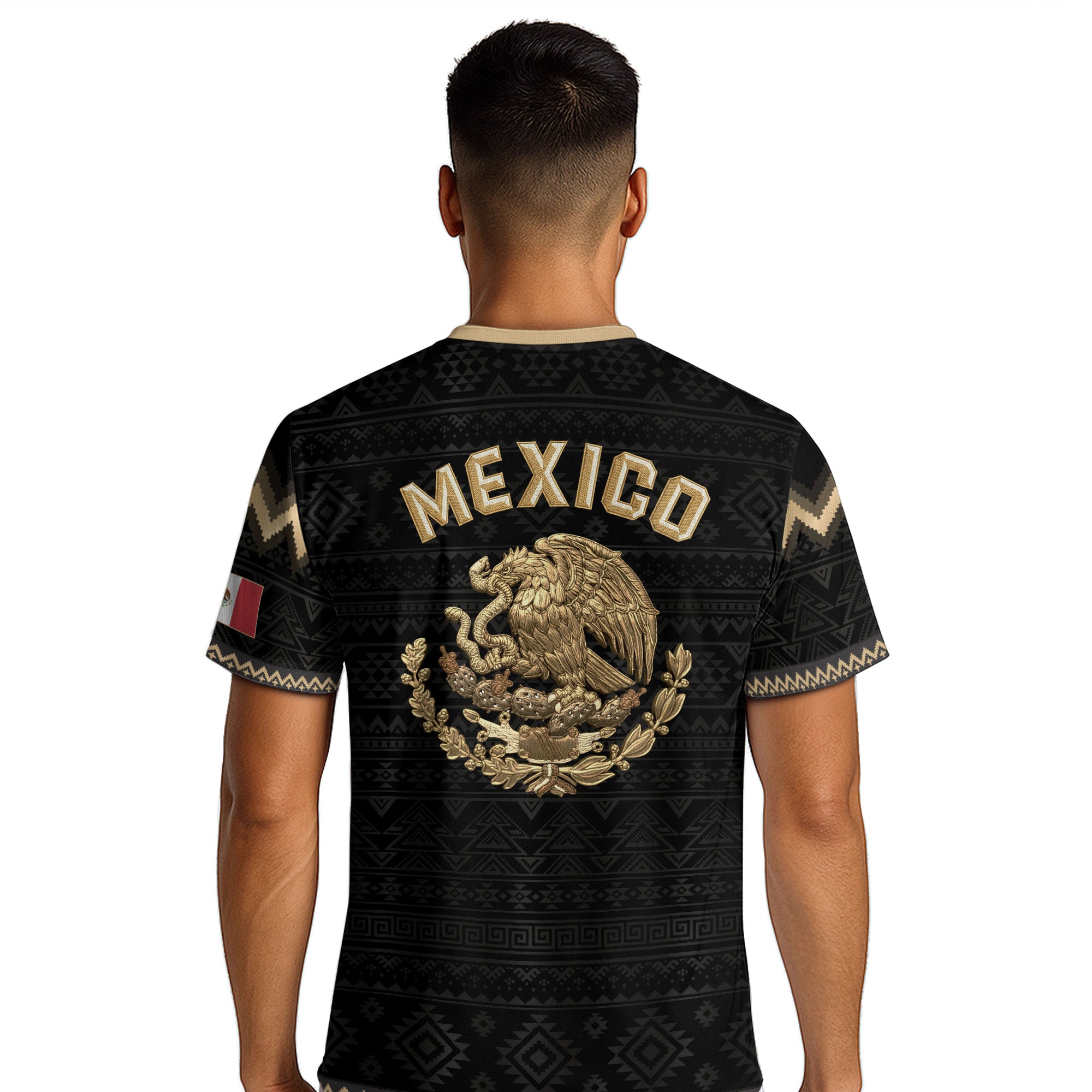 Camiseta de fútbol premium con emblema de águila azteca verde y dorado de México