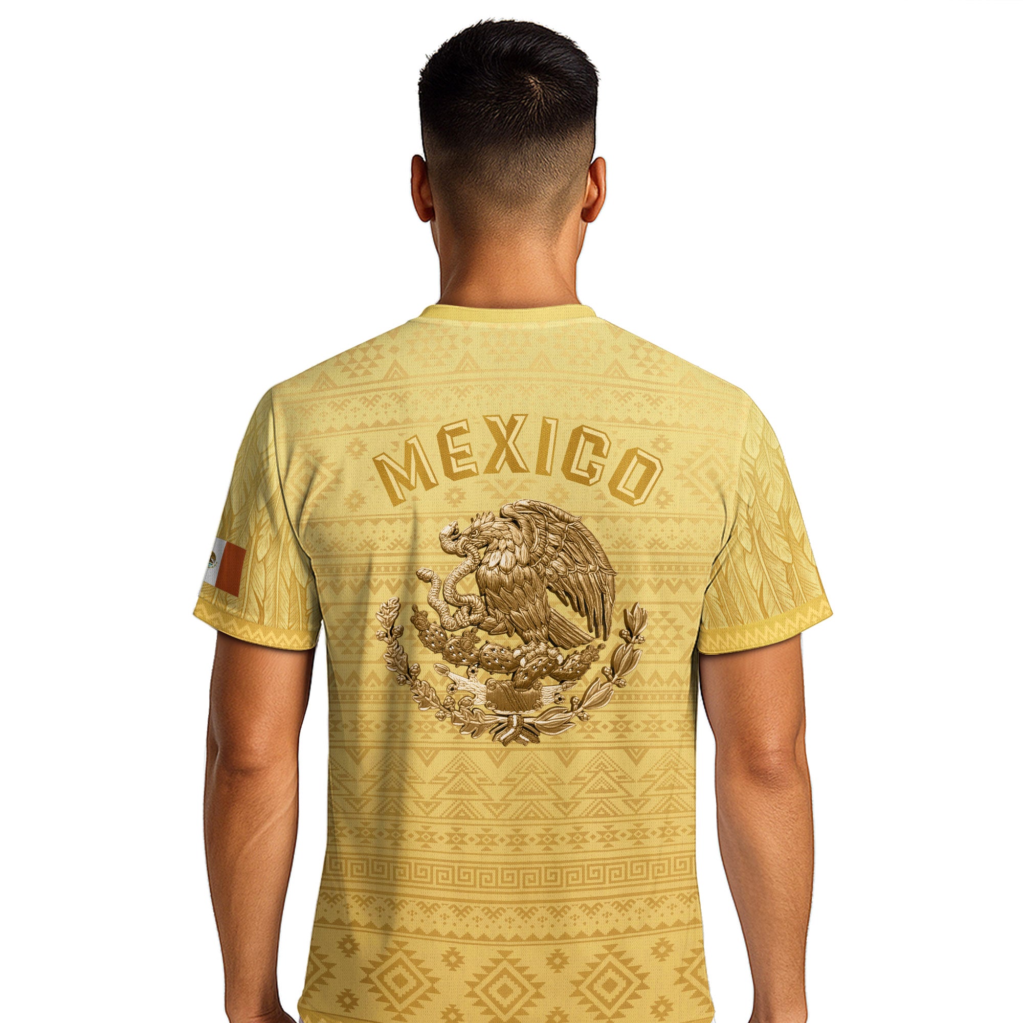 Mexico Heritage Soccer Jersey, Yellow Gold Aztec Calendar Design Sports Jersey for Men