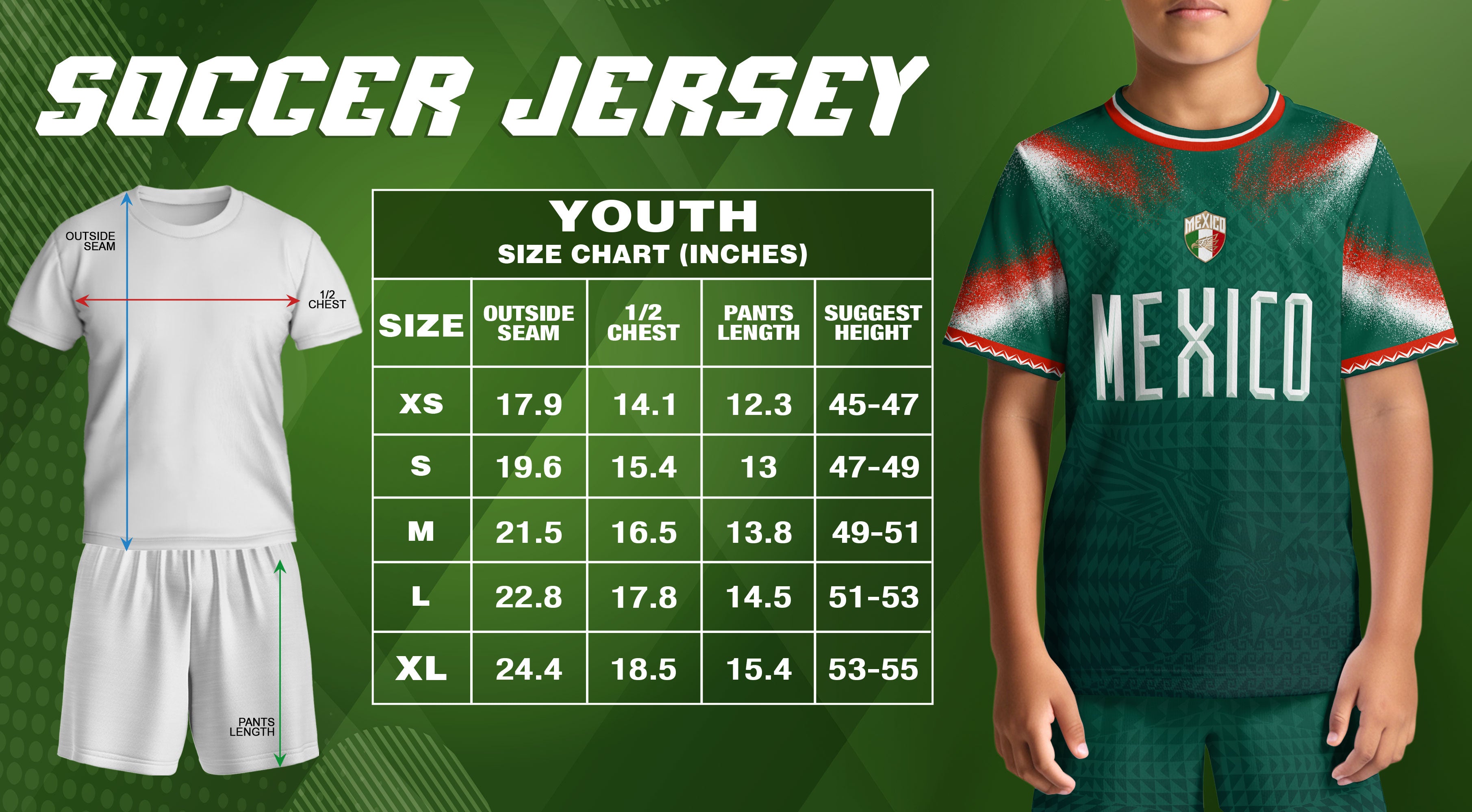 Mexico Soccer Jersey Kids Aztec Pattern Tricolor Green Youth Football Shirt Fan Tee