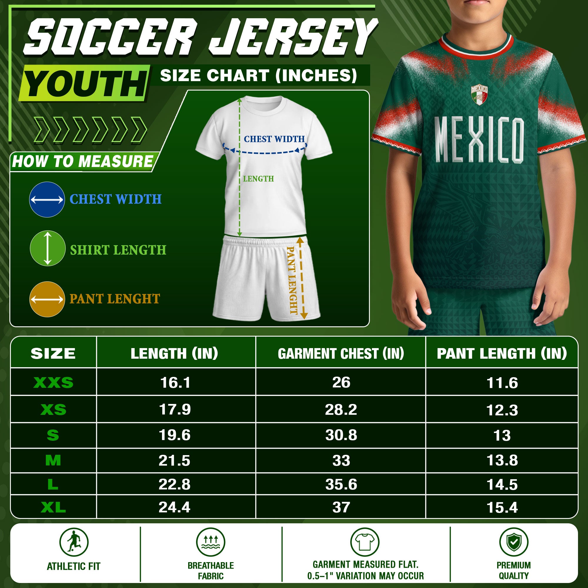 Mexico Soccer Jersey Kids Aztec Pattern Tricolor Green Youth Football Shirt Fan Tee