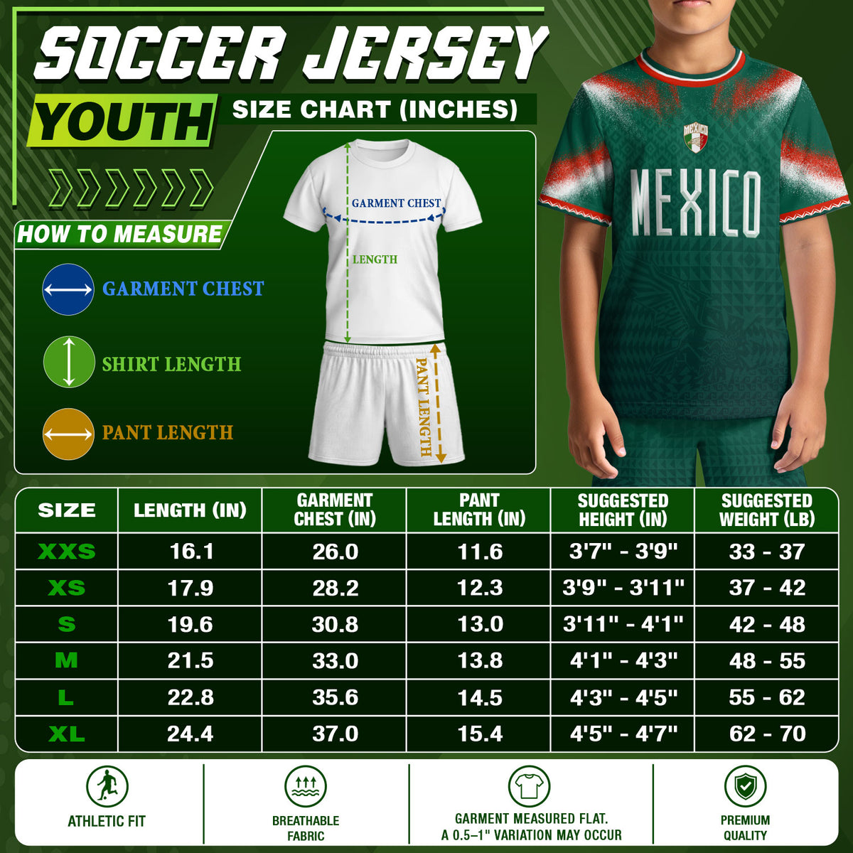 Mexico Soccer Jersey Kids Aztec Pattern Tricolor Green Youth Football Shirt Fan Tee