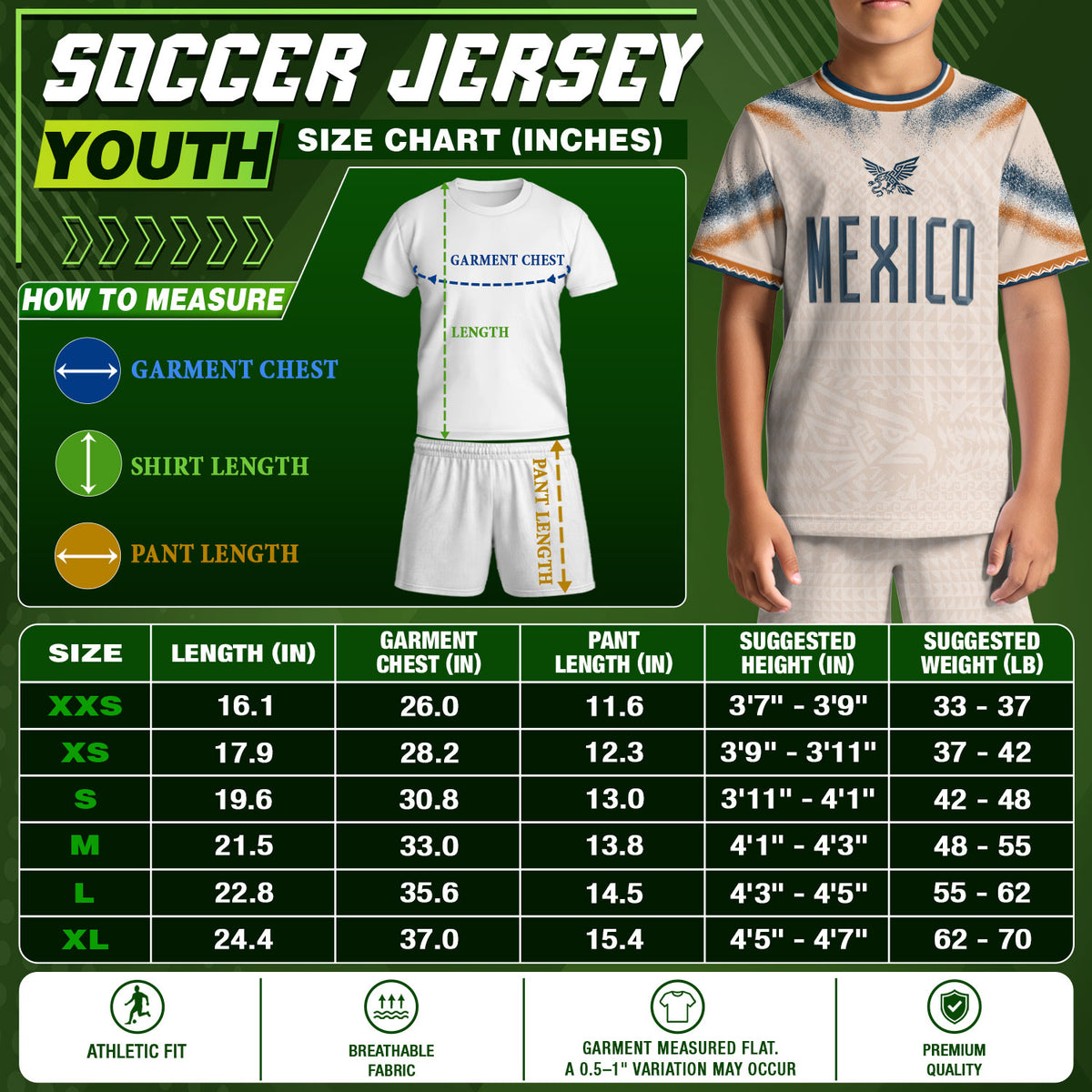 Camiseta de fútbol juvenil con estampado vertical del Águila Dorada Negra de México