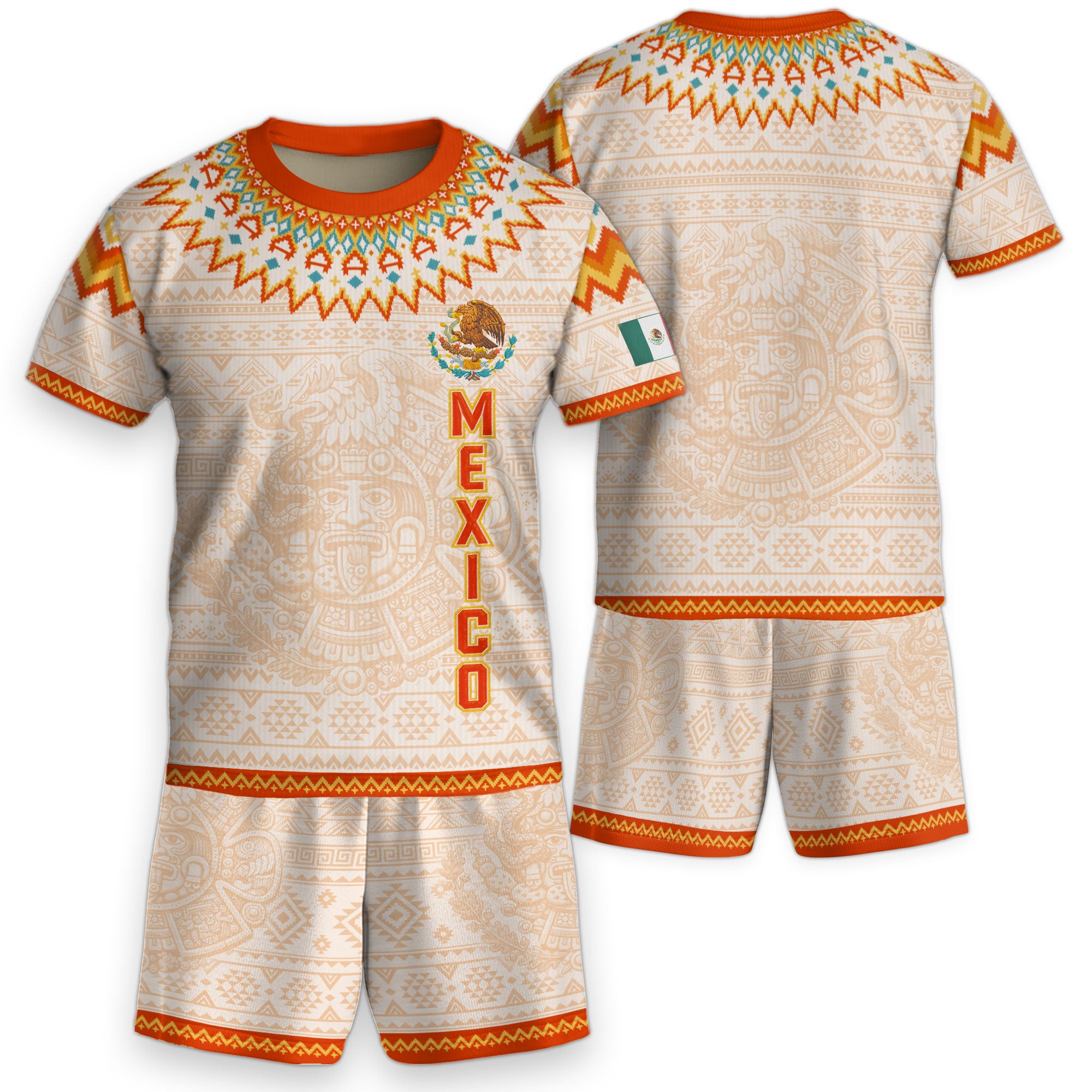Beige Mexico Soccer Jersey Kids Set Aztec Calendar Mexican Youth Football Shirt Shorts