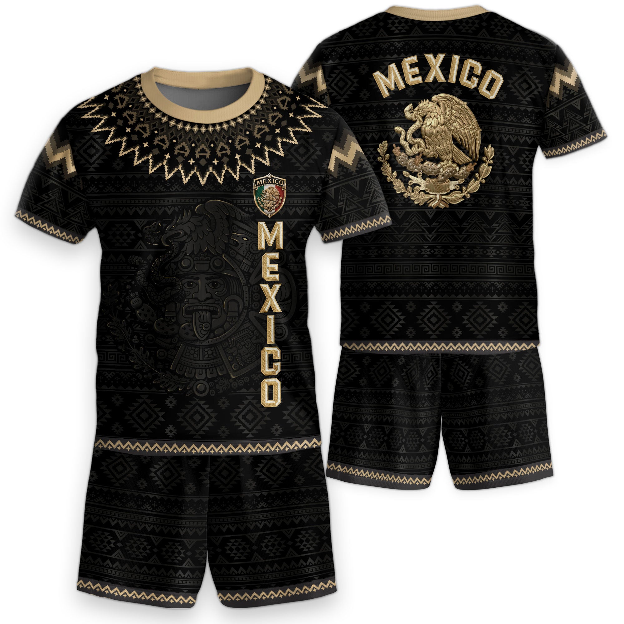 Mexico Soccer Jersey Kids Set Black Gold Aztec Calendar Youth Football Shirt Shorts