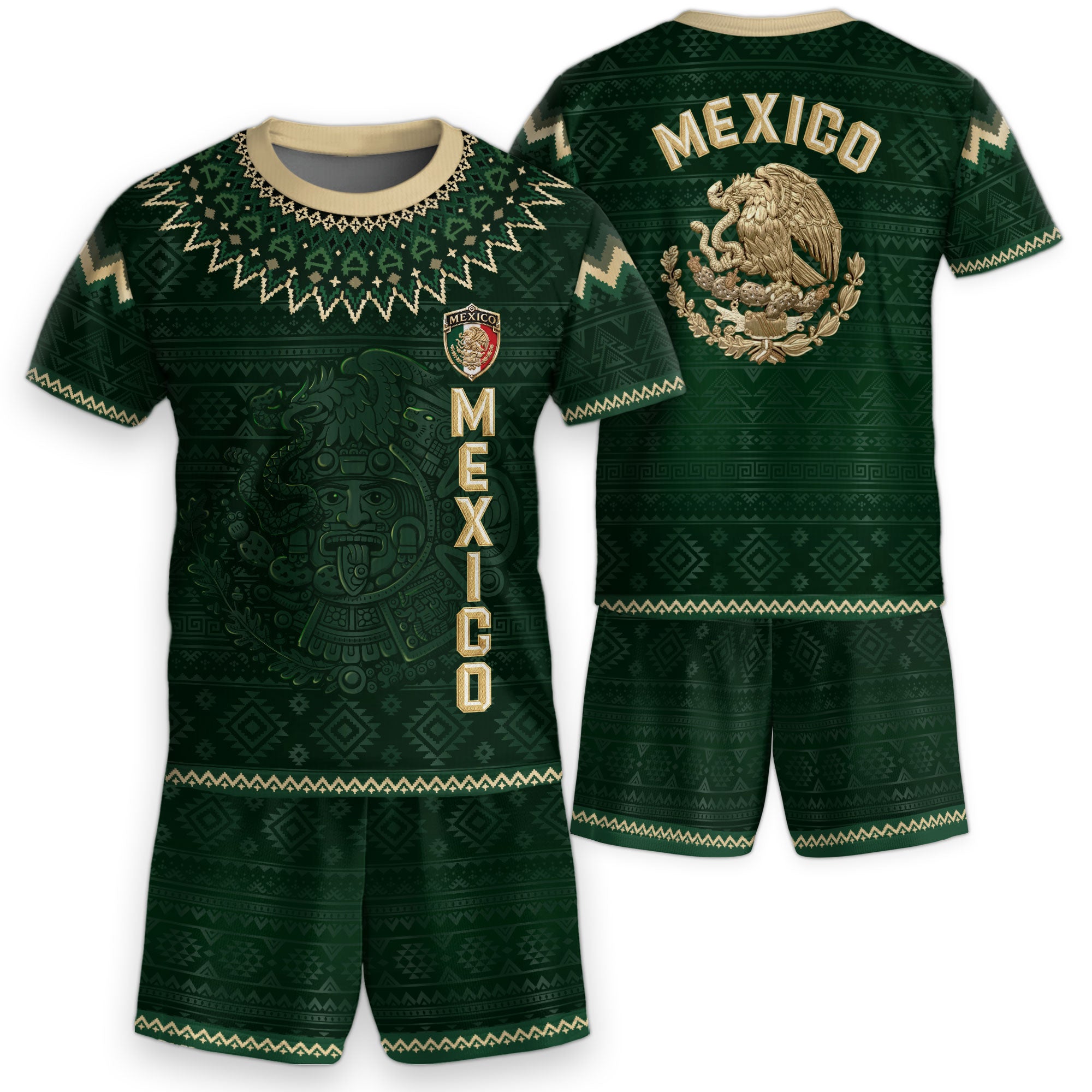 Mexico Soccer Jersey Kids Set Green Gold Aztec Calendar Youth Football Shirt Shorts