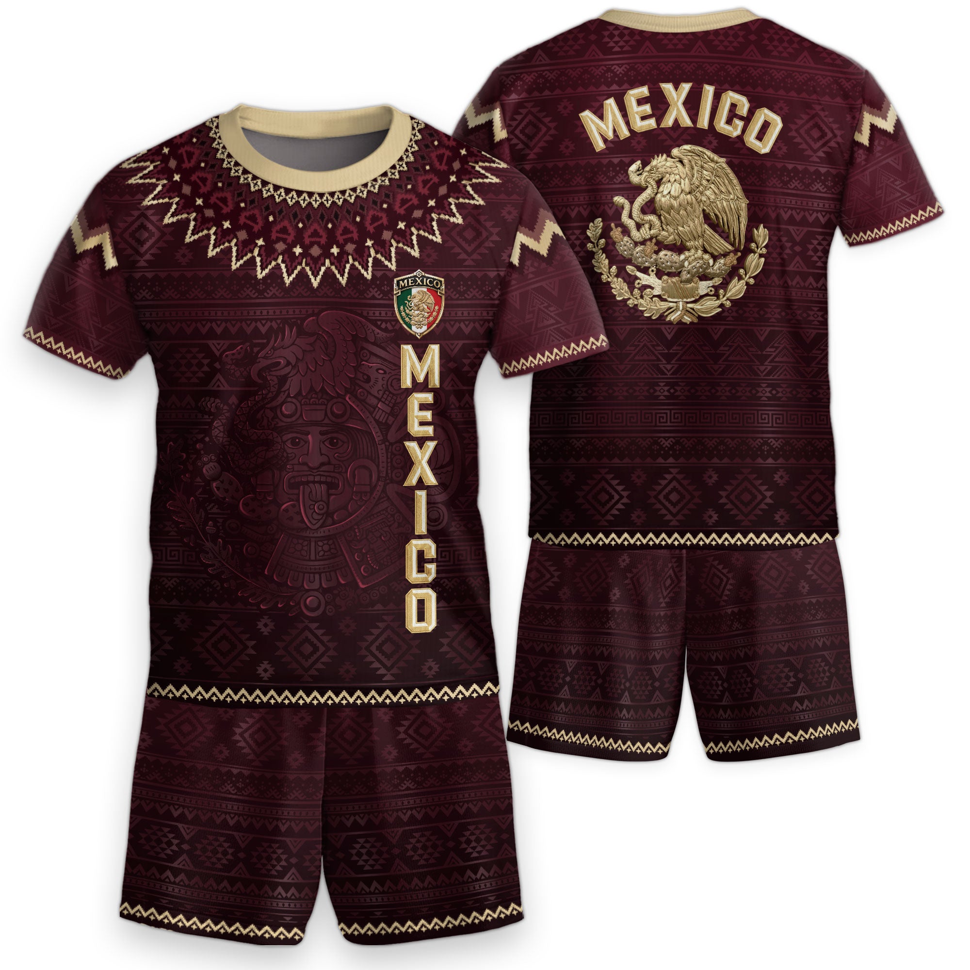 Mexico Soccer Jersey Kids Shorts Set Maroon Aztec Culture Youth Football Outfit Kit