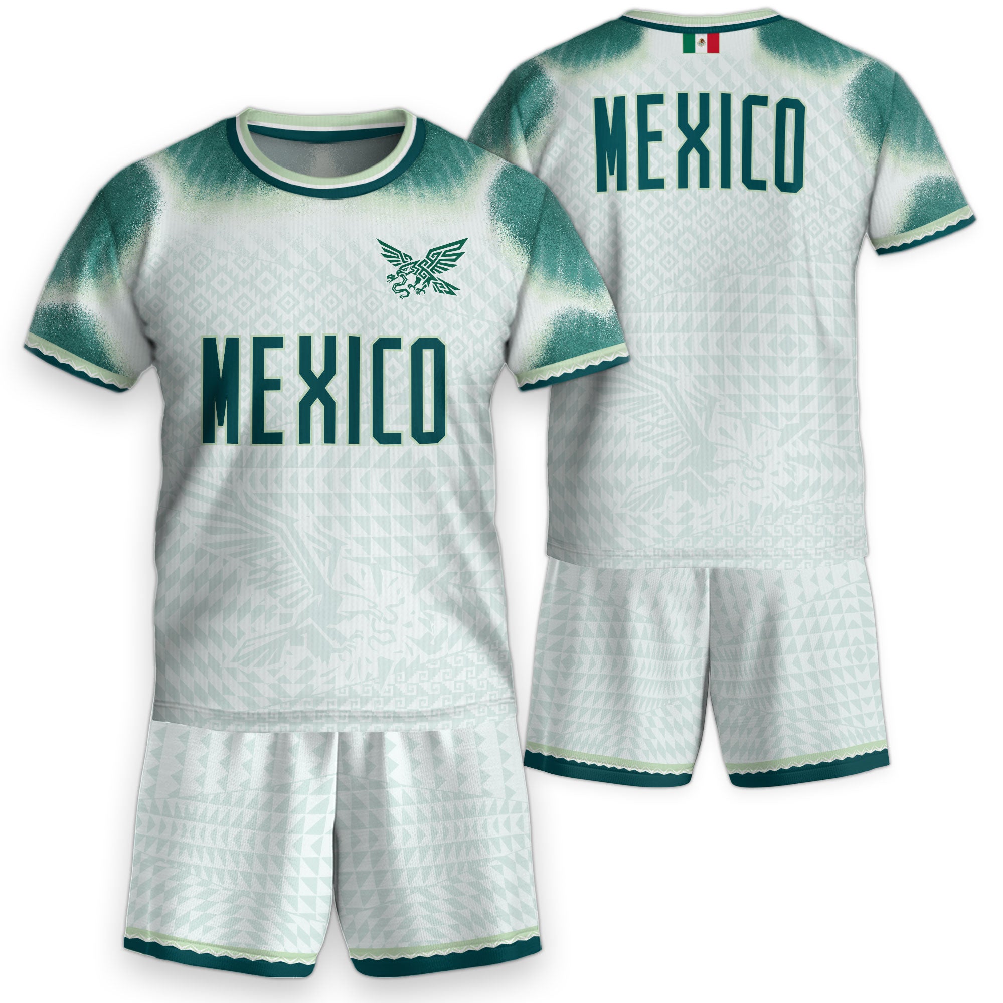 Mexico Soccer Jersey Kids Aztec Eagle Pattern White Youth Football Shirt Fan Sportswear