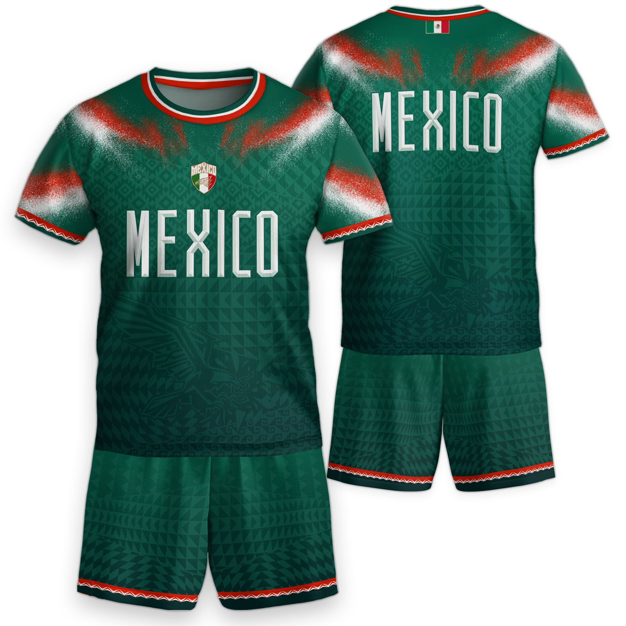 Mexico Soccer Jersey Kids Aztec Pattern Tricolor Green Youth Football Shirt Fan Tee