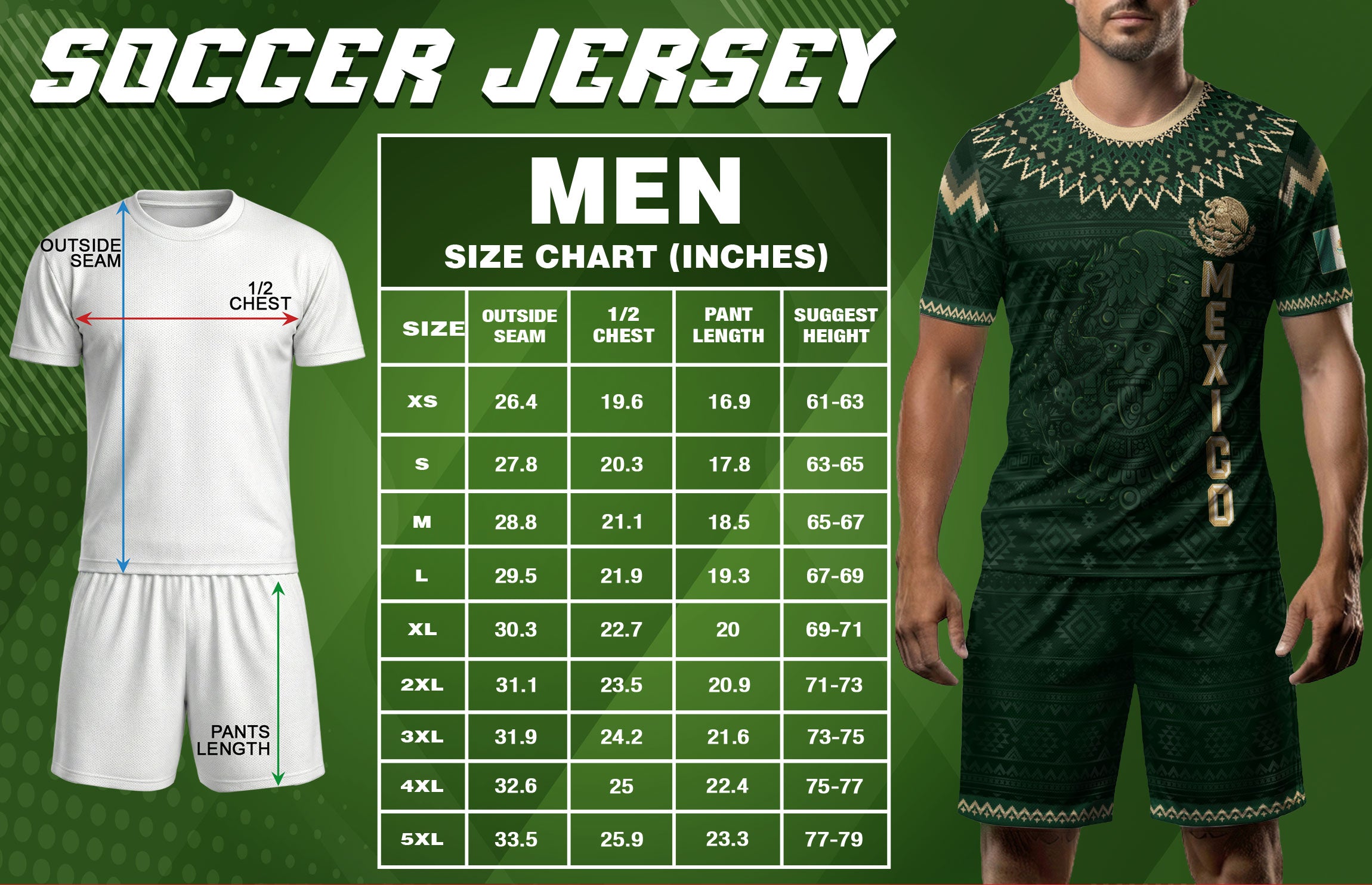 Mexico Heritage Soccer Jersey, Green Gold Aztec Calendar Design Sports Jersey for Men