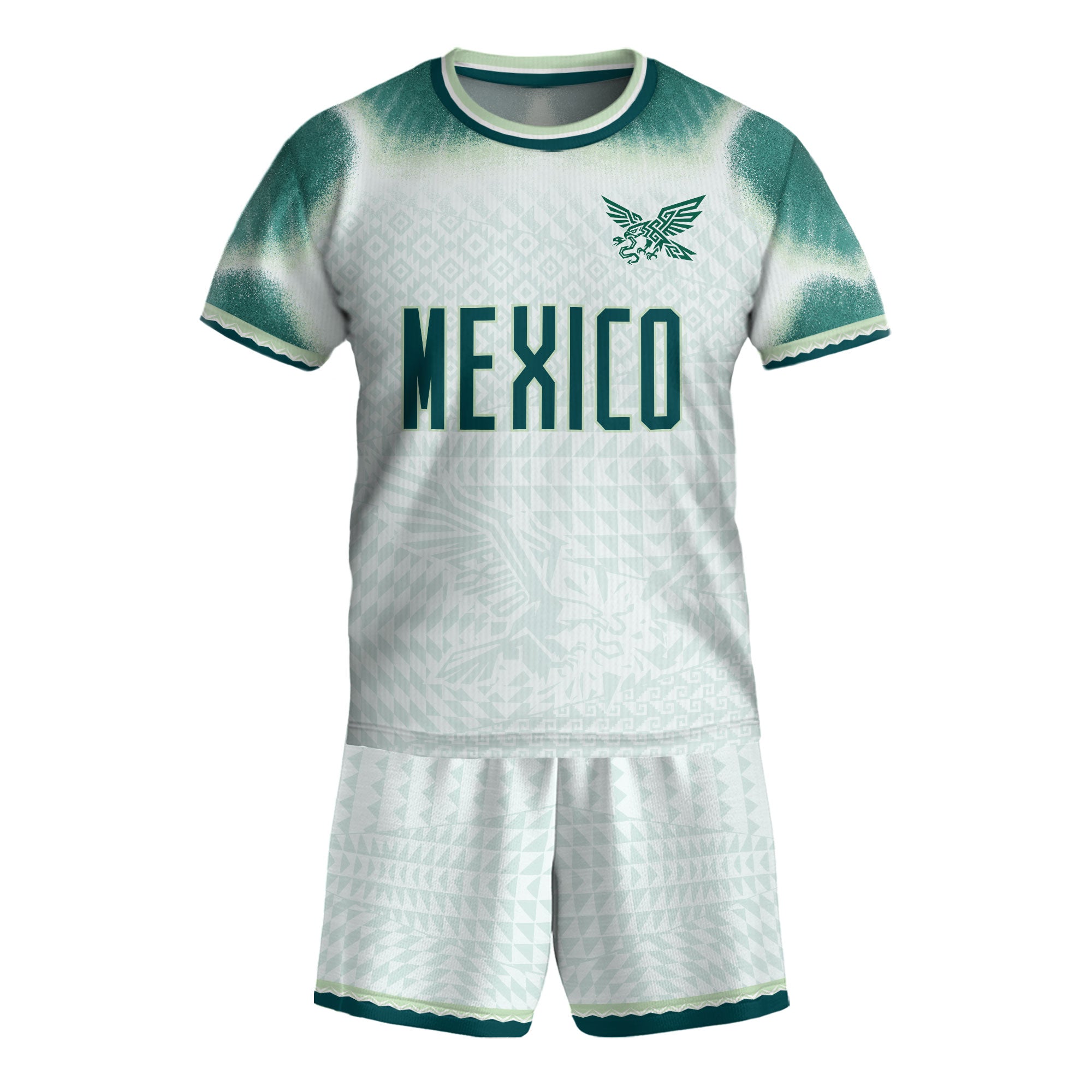 Mexico Soccer Jersey Kids Aztec Eagle Pattern White Youth Football Shirt Fan Sportswear