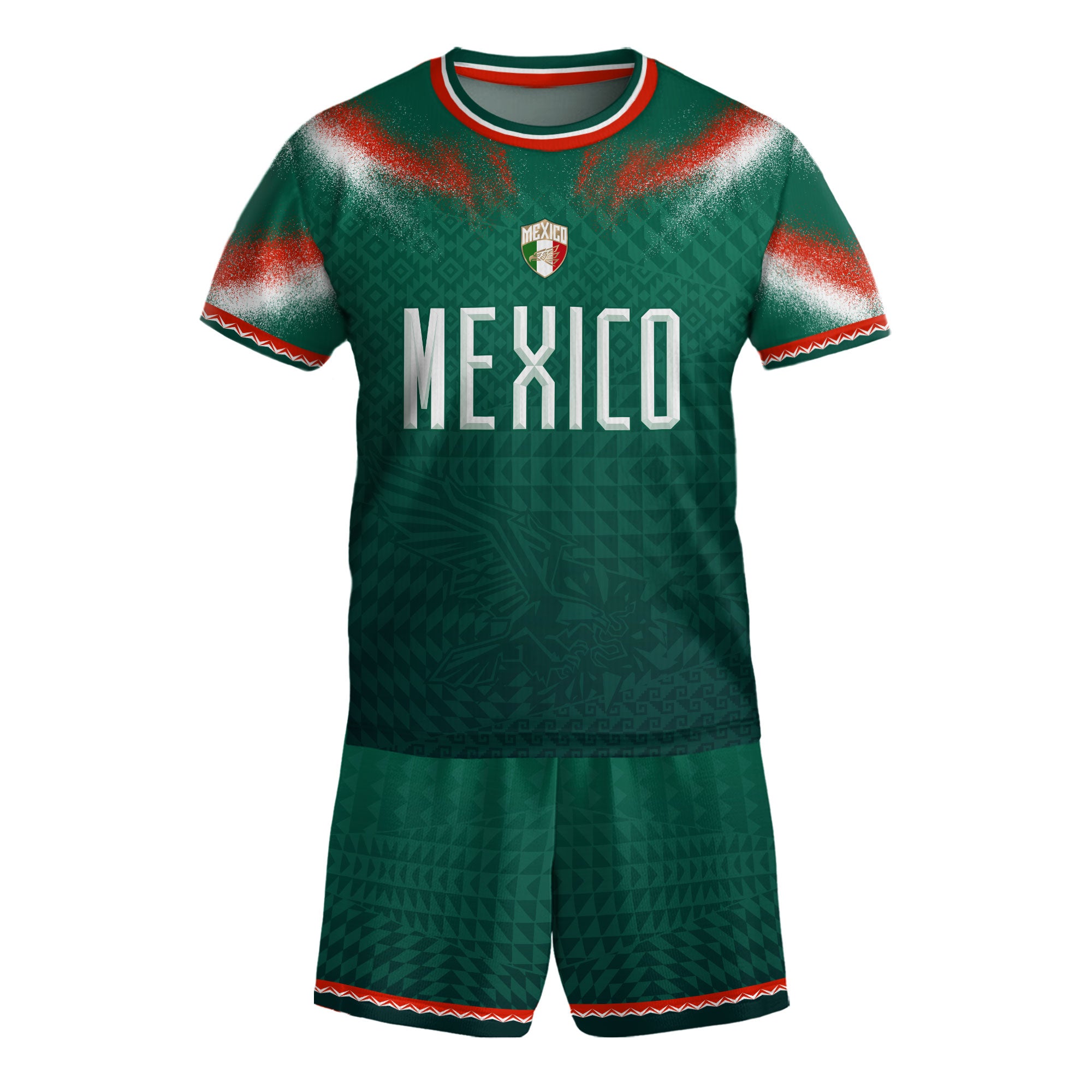 Mexico Soccer Jersey Kids Aztec Pattern Tricolor Green Youth Football Shirt Fan Tee