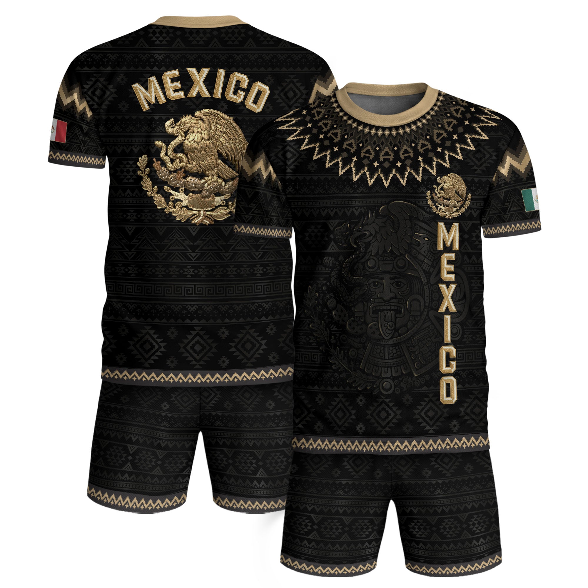 Mexico Heritage Soccer Jersey, Black Gold Aztec Pattern Design Jersey For Men