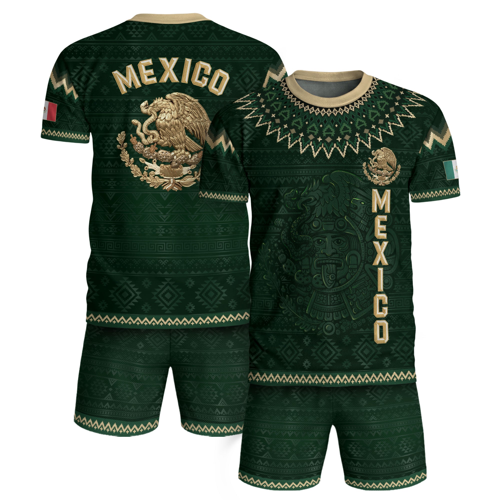 Mexico Heritage Soccer Jersey, Green Gold Aztec Calendar Design Sports Jersey for Men