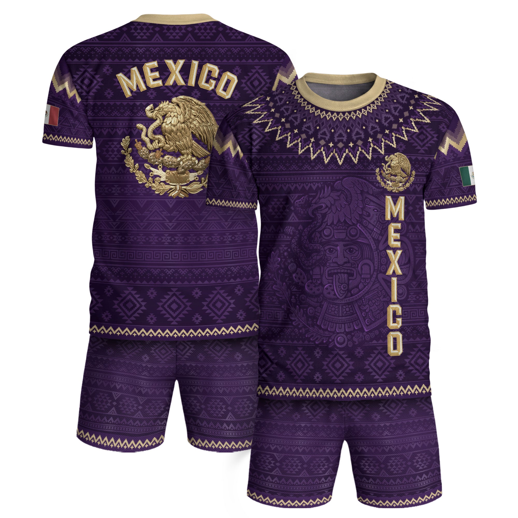 Mexico Heritage Soccer Jersey, Purple Gold Aztec Calendar Design Sports Jersey for Men