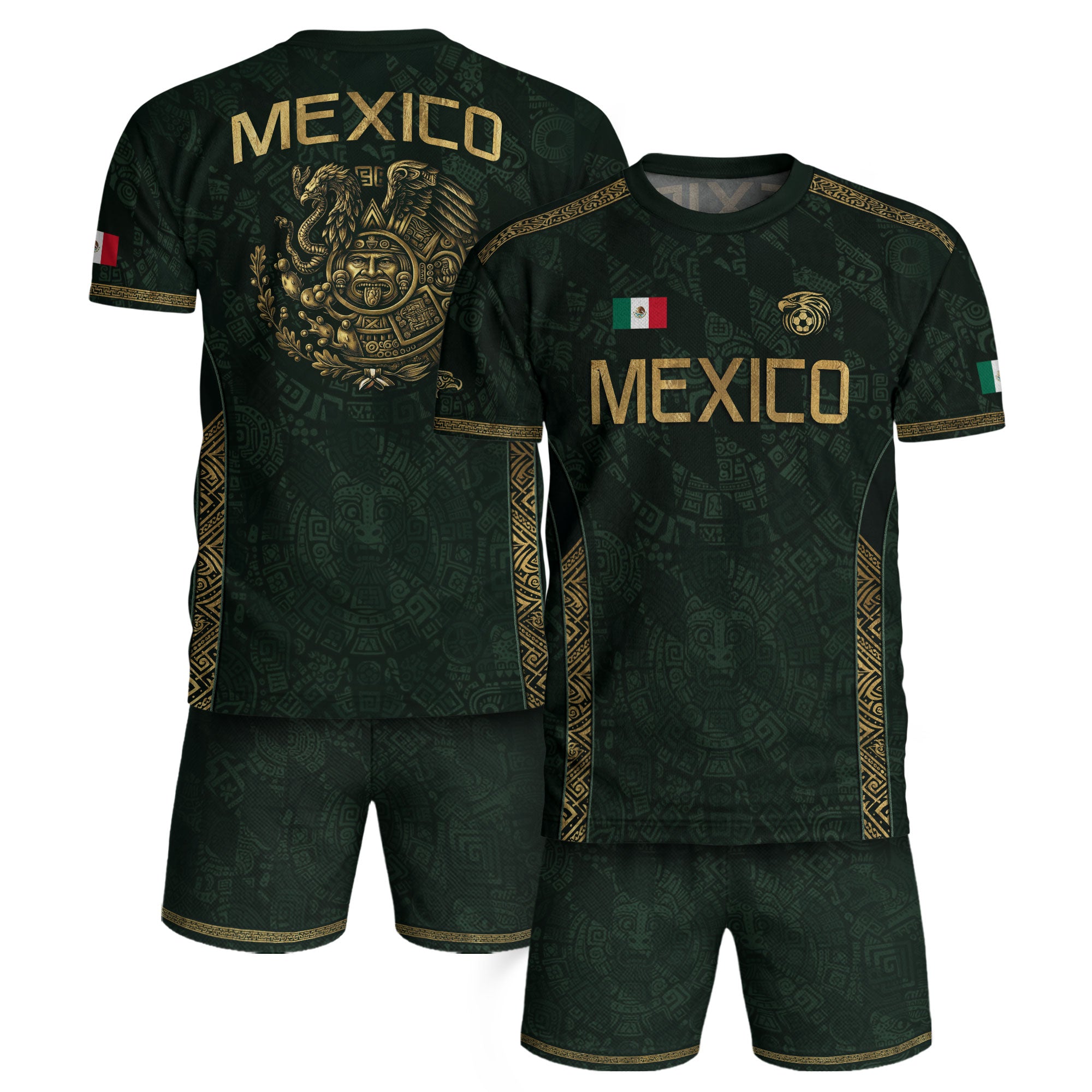 Camiseta de fútbol premium con emblema de águila azteca verde y dorado de México