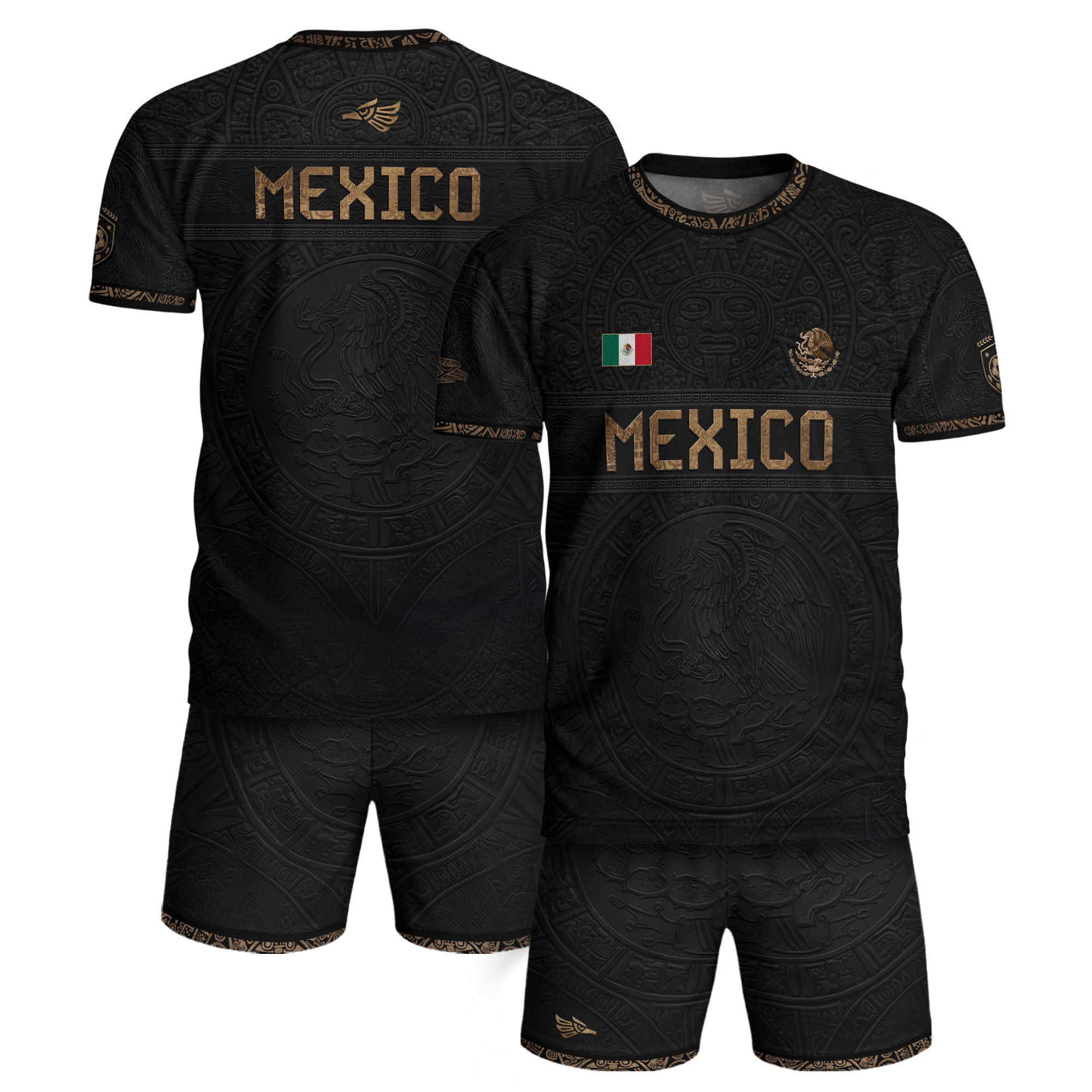 Camiseta de fútbol premium con emblema de águila azteca verde y dorado de México