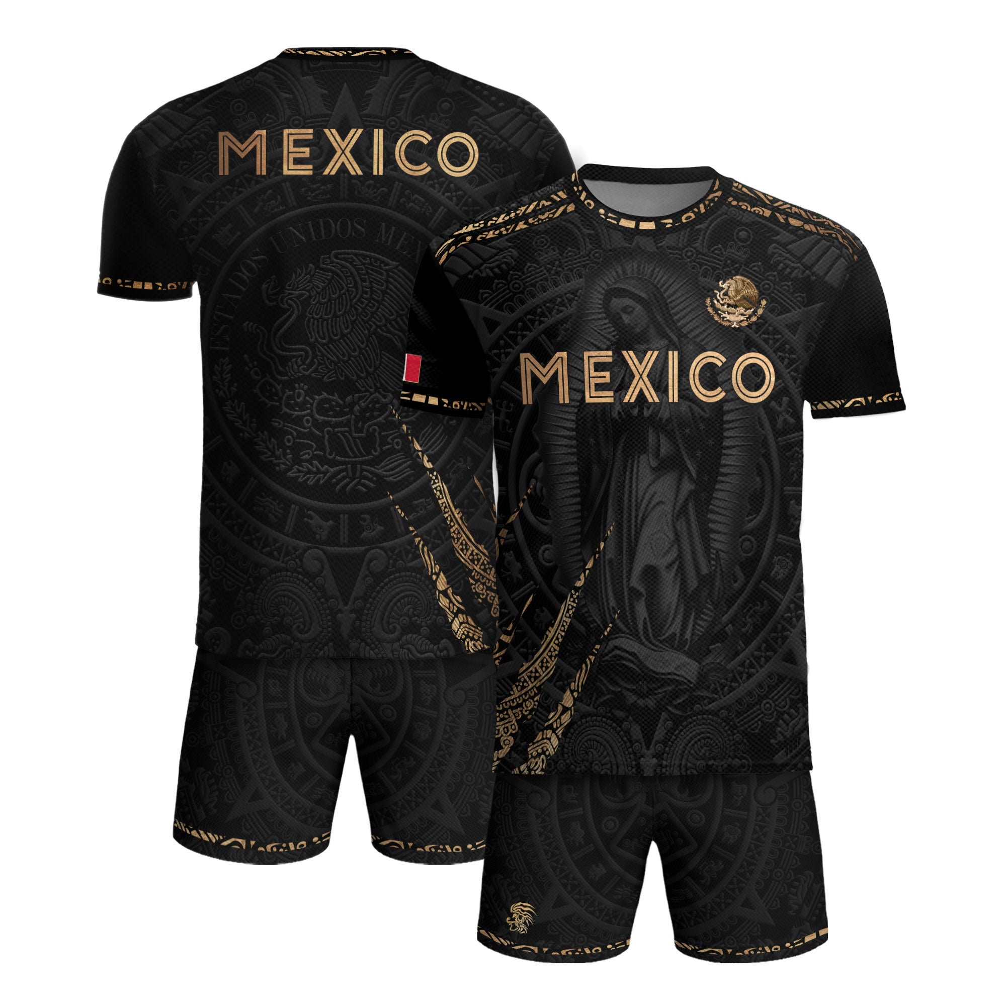 Camiseta de fútbol premium con emblema de águila azteca verde y dorado de México