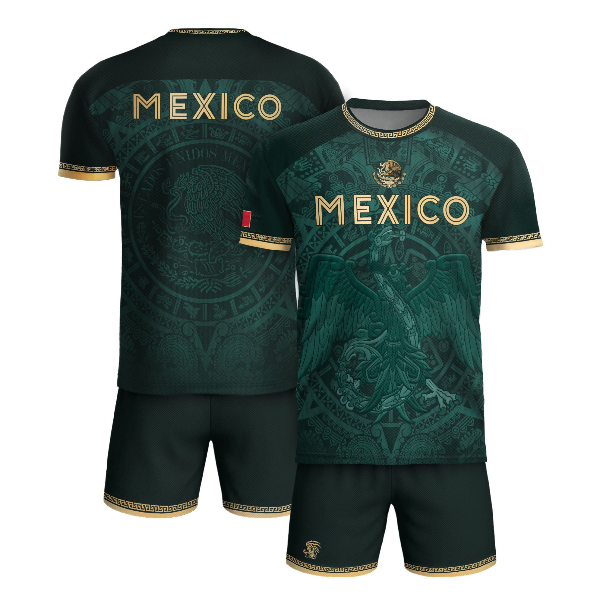 Camiseta de fútbol premium con emblema de águila azteca verde y dorado de México