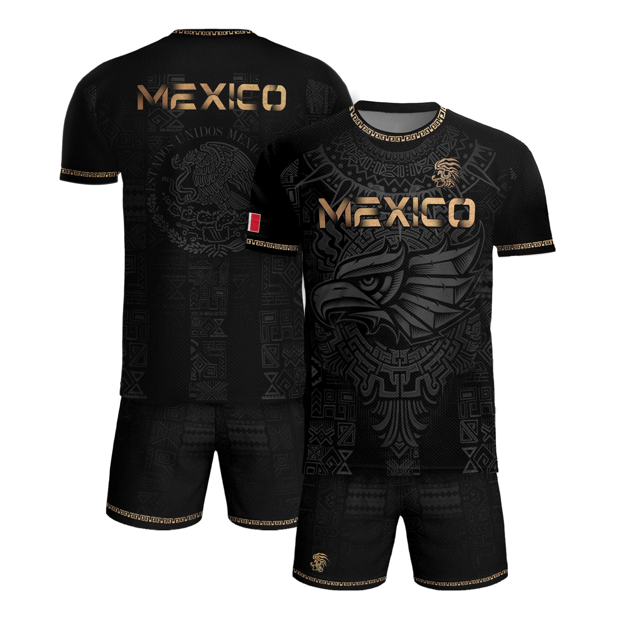Mexico Heritage Orgullo Mexicano Black Gold Eagle Aztec Calendar Soccer Jersey