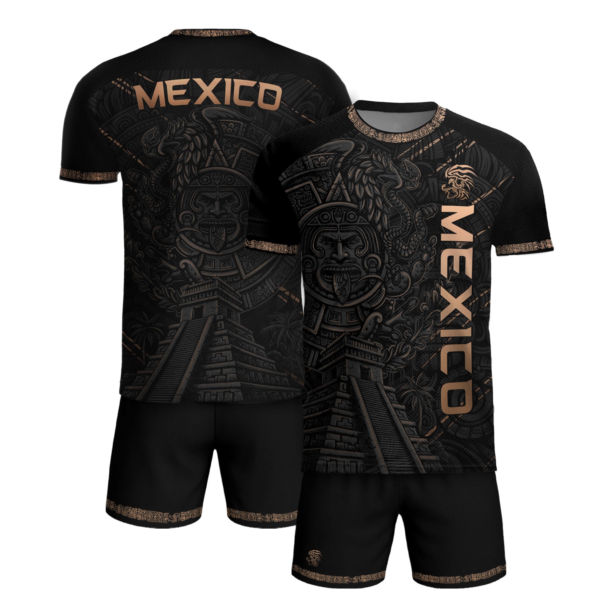 Camiseta de fútbol premium con emblema de águila azteca verde y dorado de México