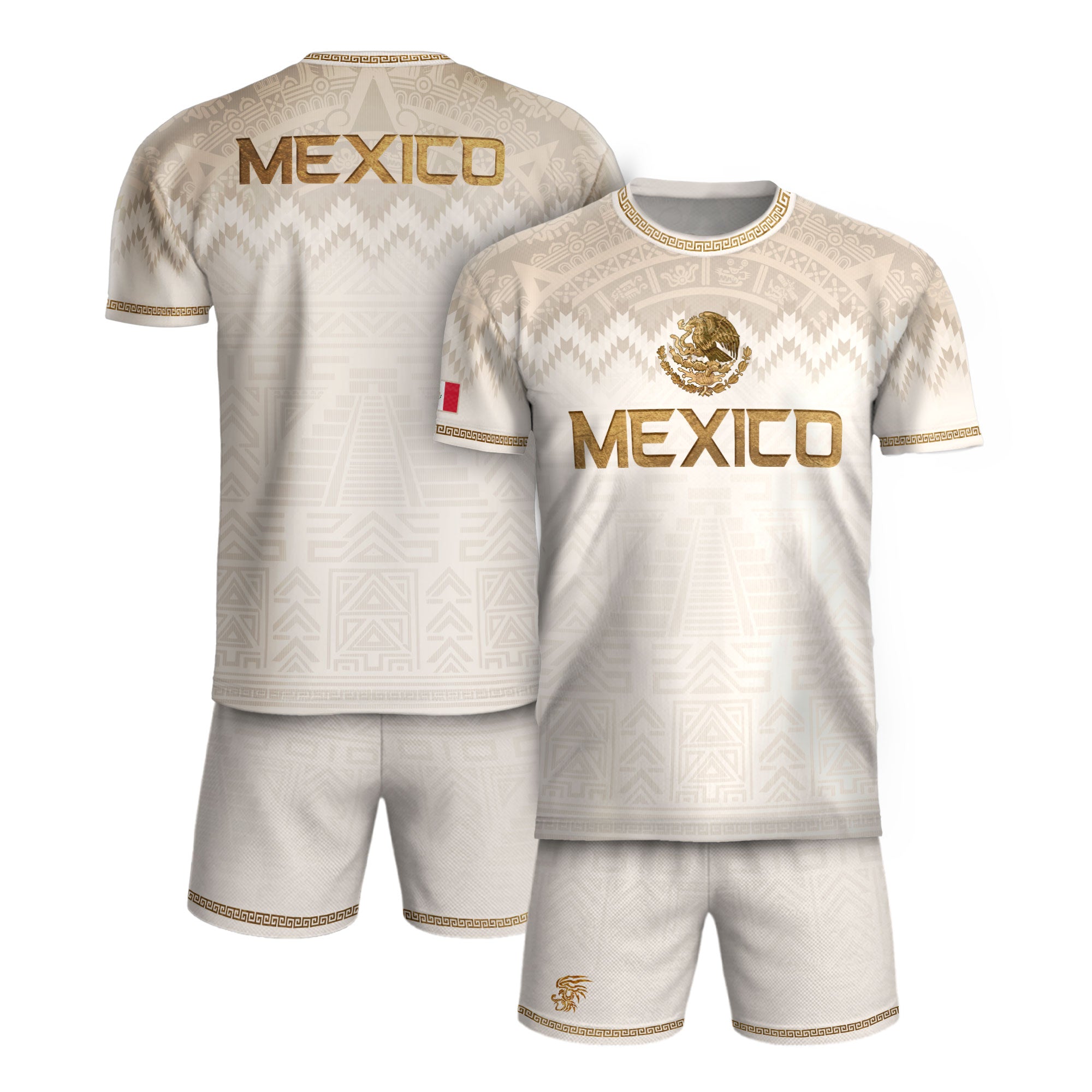 Camiseta de fútbol premium con emblema de águila azteca verde y dorado de México