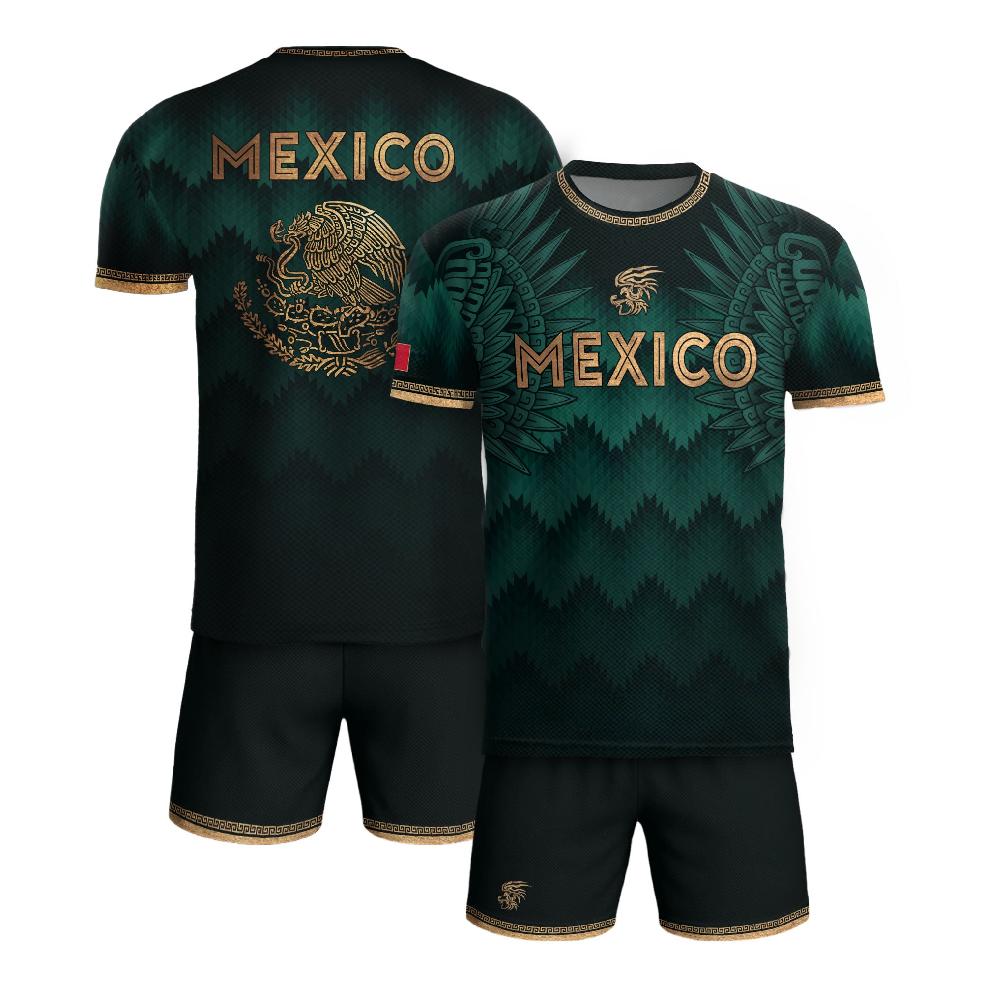 Mexico Coat of Arms Green Gold Aztec Ziczac Pattern Wing Graphic Heritage Soccer Jersey