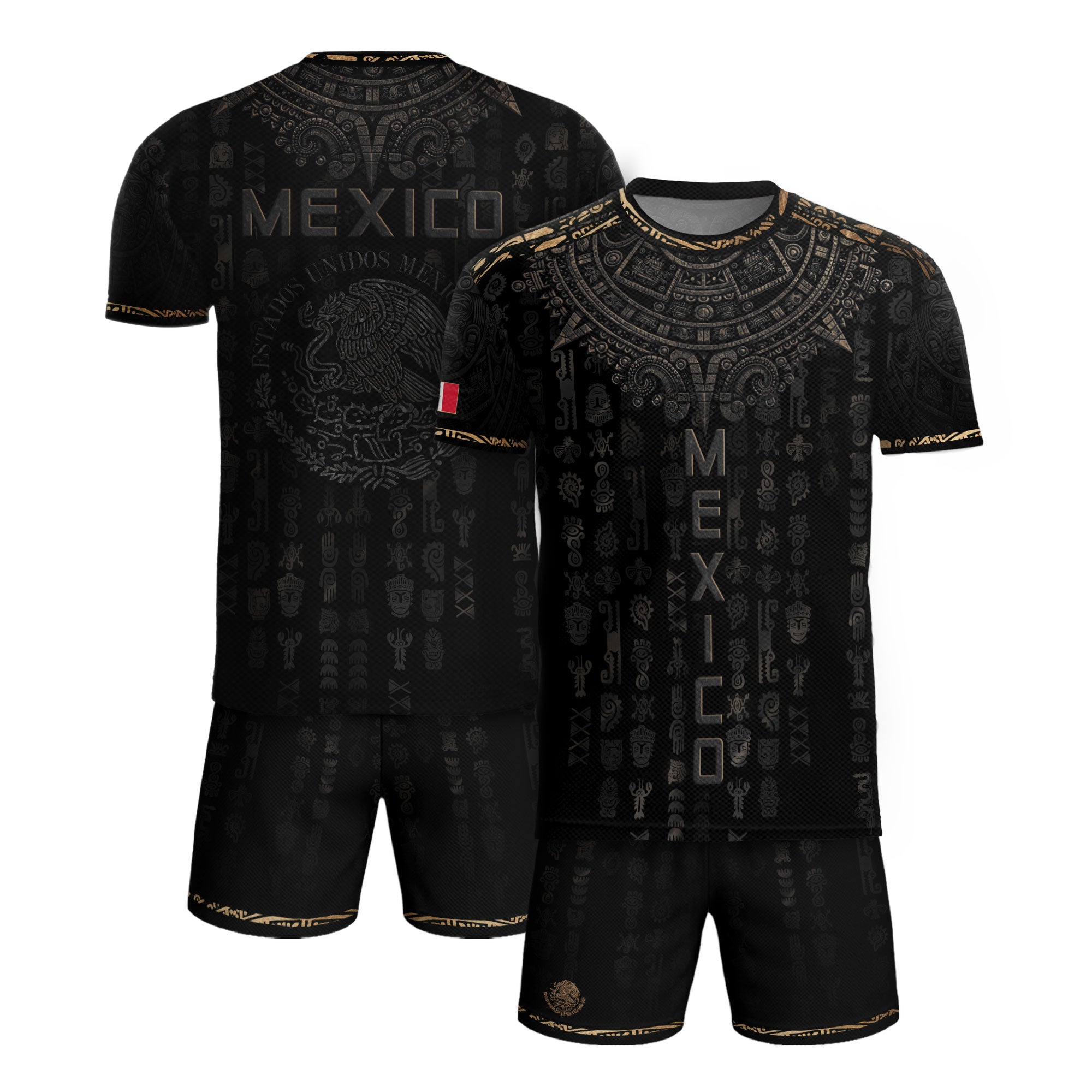 Mexico Heritage Orgullo Mexicano Black Bronze Ancient Mask Aztec Calendar Soccer Jersey