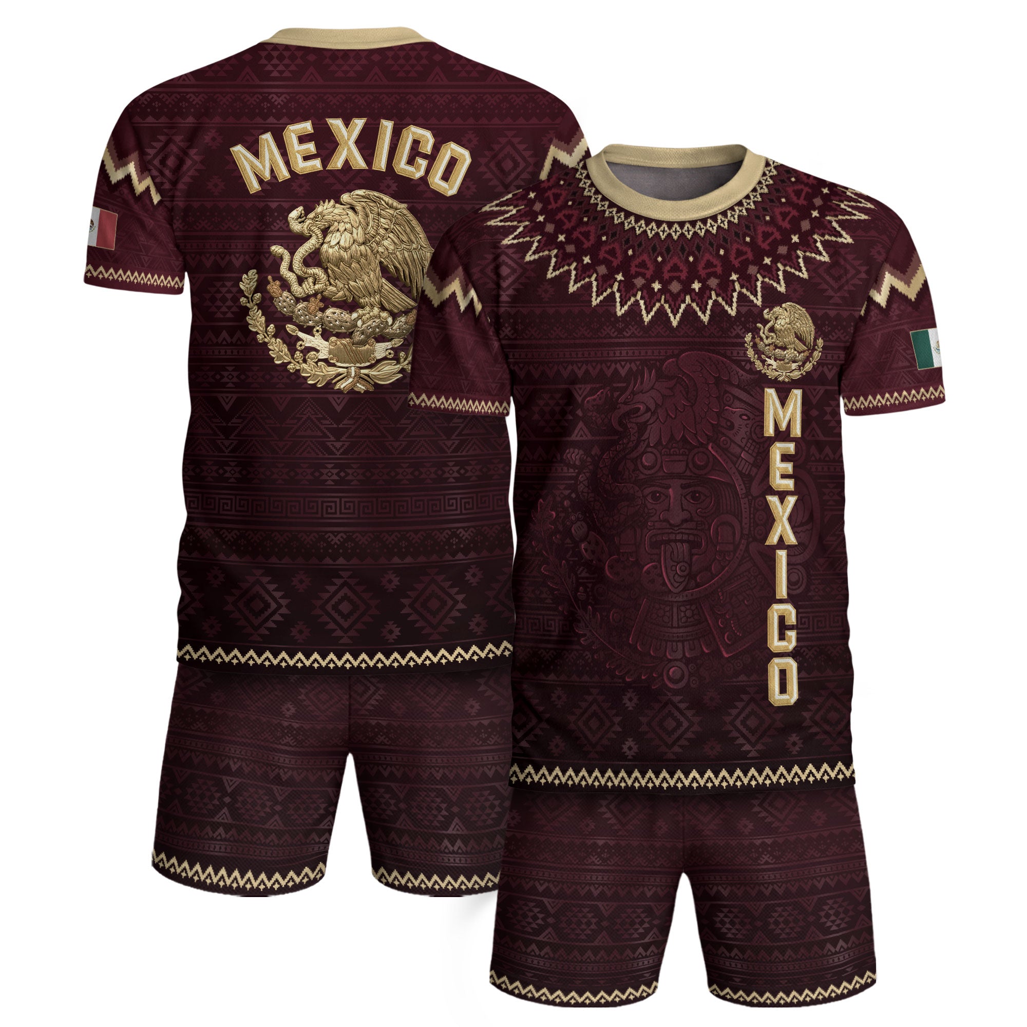 Camiseta de fútbol premium con emblema de águila azteca verde y dorado de México