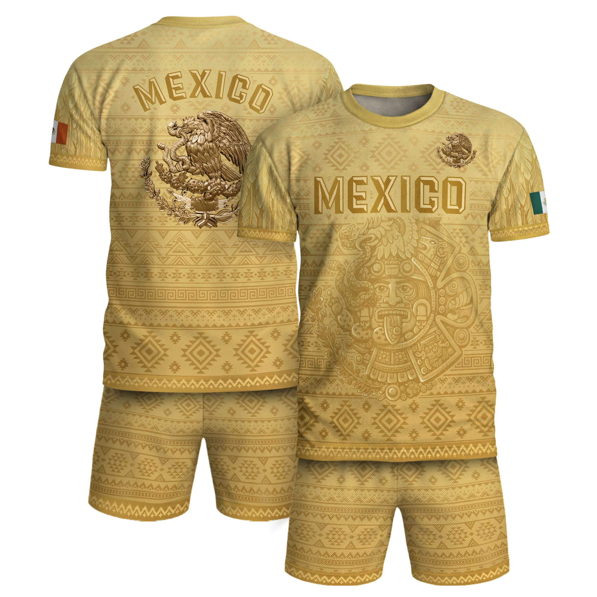 Camiseta de fútbol premium con emblema de águila azteca verde y dorado de México