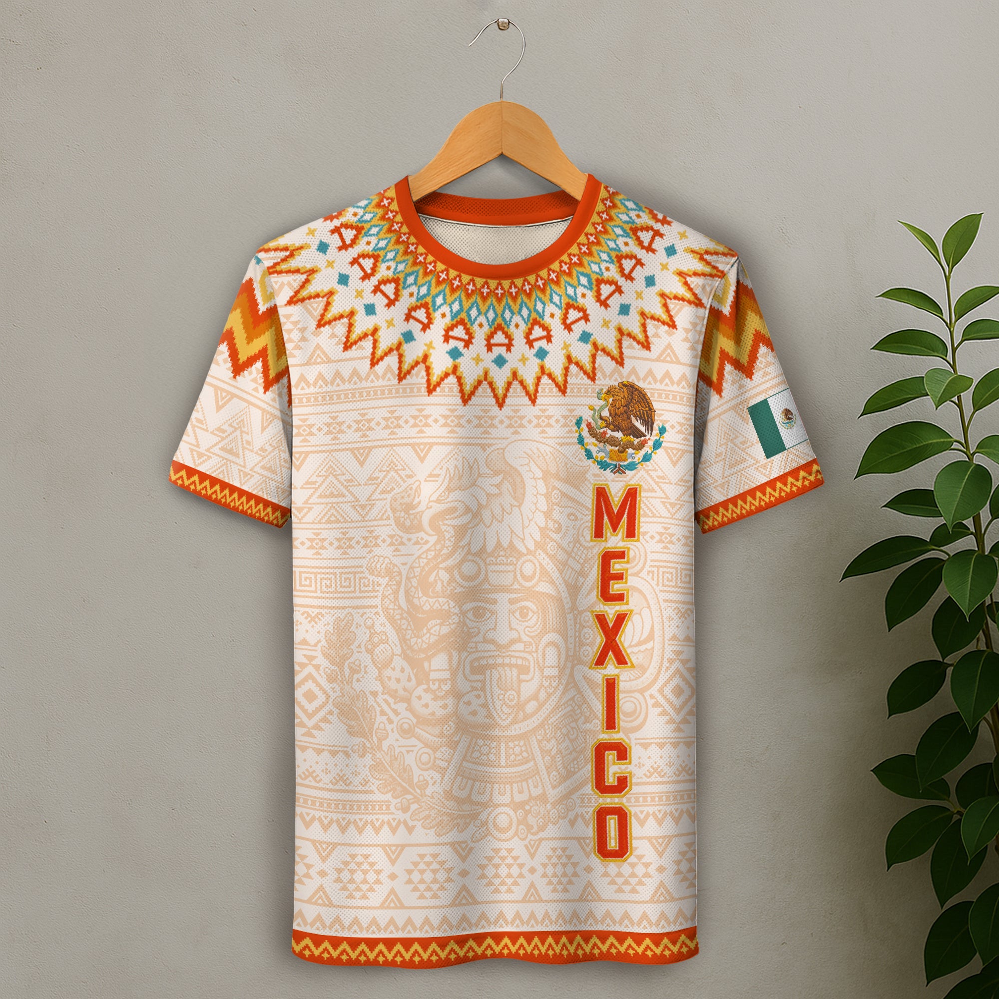 Mexico Cream Orange Heritage Soccer Jersey, Aztec Pattern Mexican Roots Design Jersey For Men