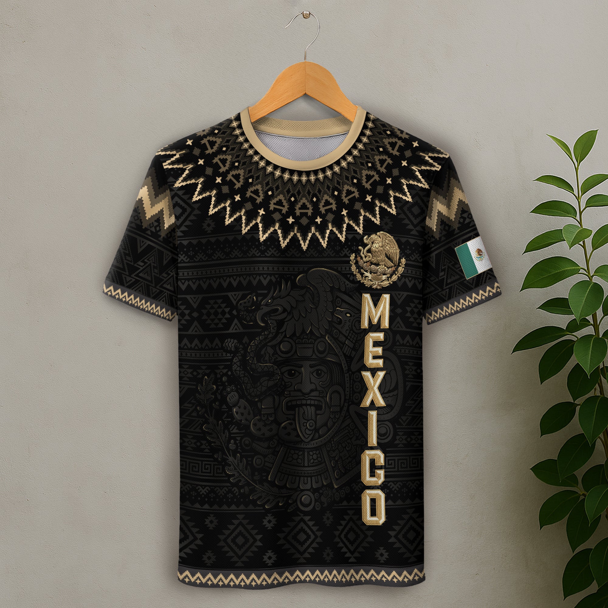 Camiseta de fútbol premium con emblema de águila azteca verde y dorado de México