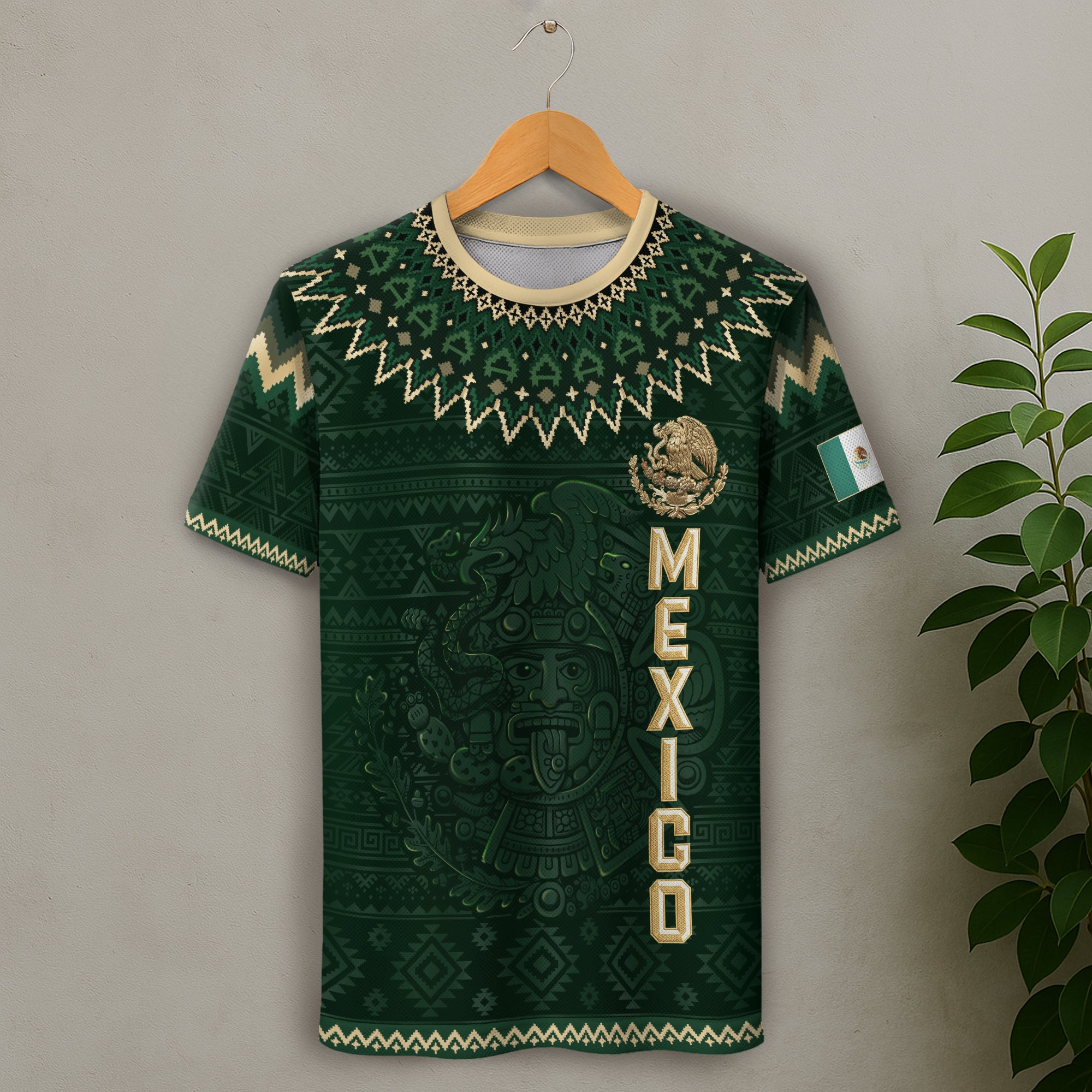 Mexico Heritage Soccer Jersey, Green Gold Aztec Calendar Design Sports Jersey for Men