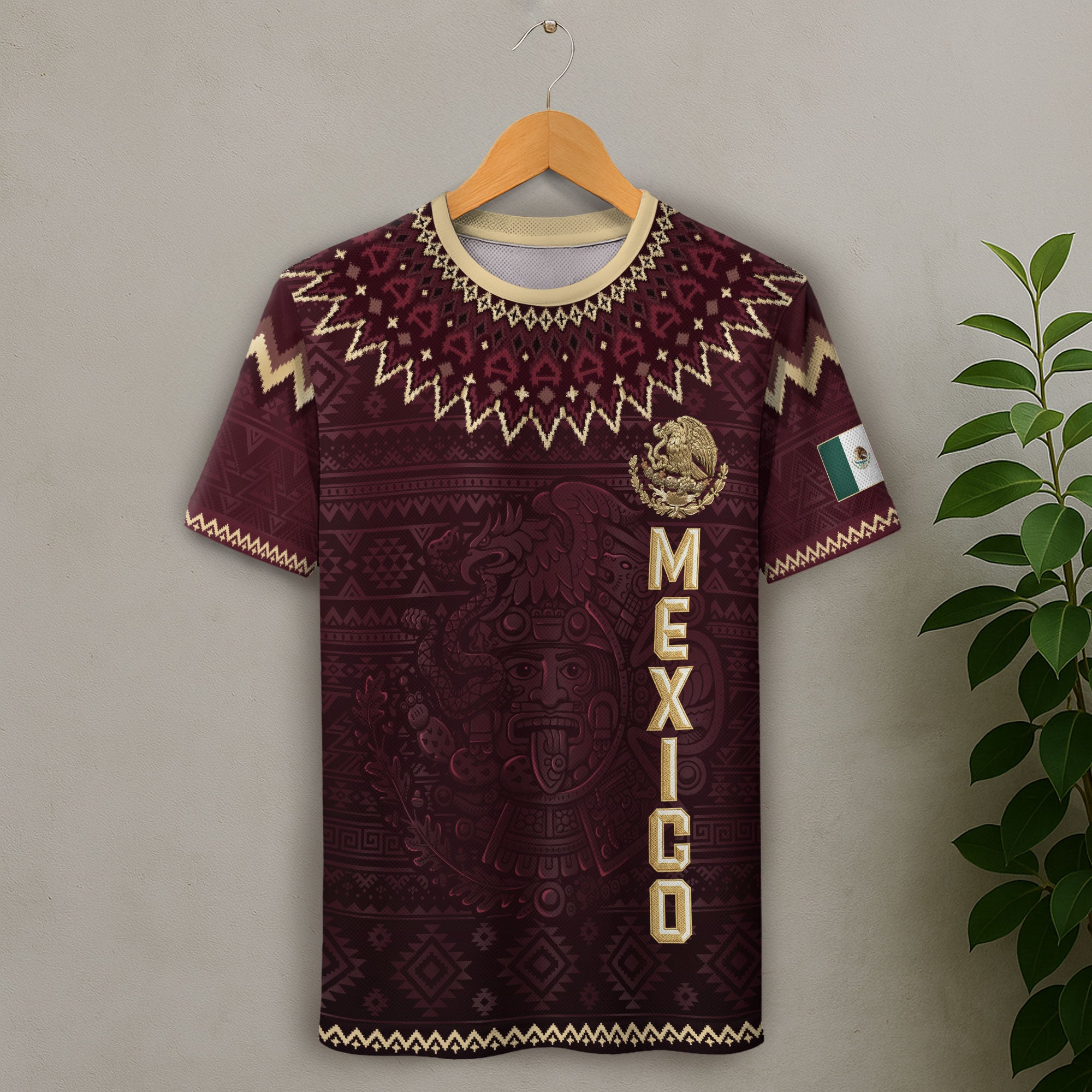 Mexico Heritage Soccer Jersey, Maroon Burgundy Gold Aztec Eagle Design Sports Jersey for Men